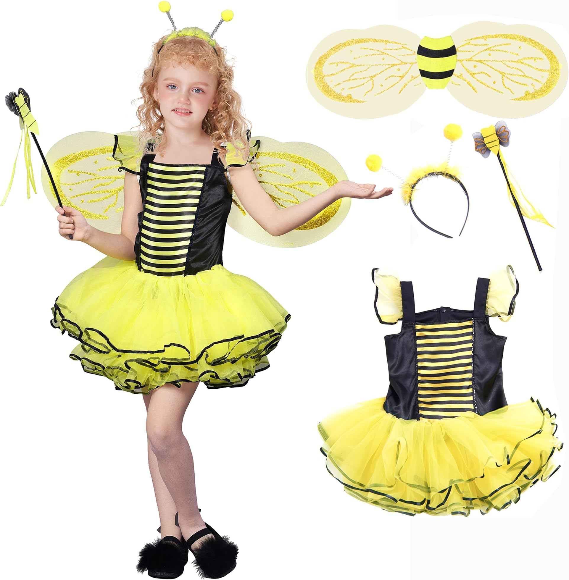 IKALI Bee Costumes for Kids, Girls Bumble Fancy Dress Outfit, Butterfly Fairy Ballerina Tutu Skirt Set