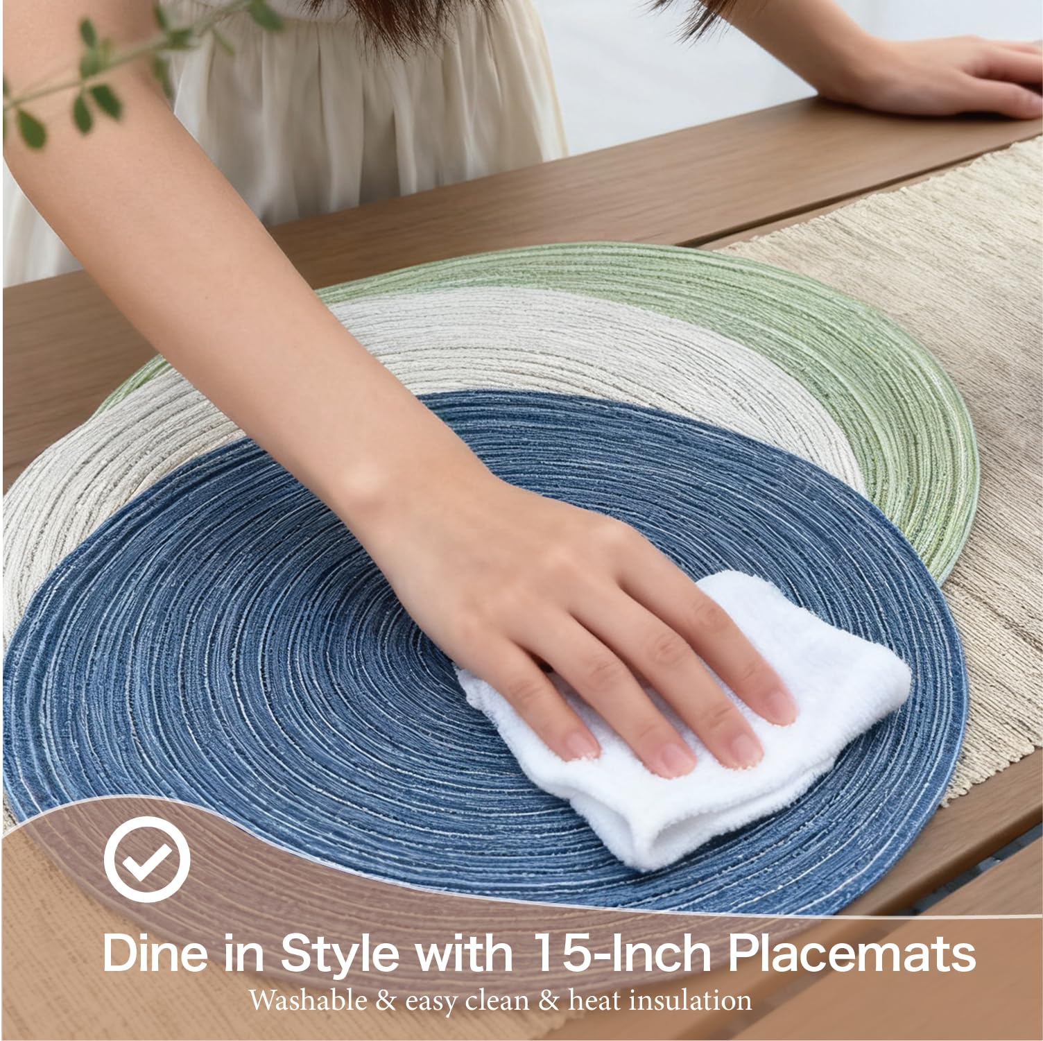 Blue Woven Placemats Set of 8,Washable Wipeable Woven TableMats Set of 8, Rattan Look Placemats,Blue ocen-Like placemats 15 Inch(Blue White)