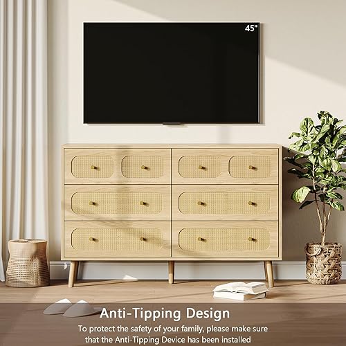 Miniatura 5 de SINROM® Cómoda de ratán para dormitorio, cómoda moderna de 6 cajones con asas doradas, cómoda de almacenamiento de madera para dormitorio, sala de