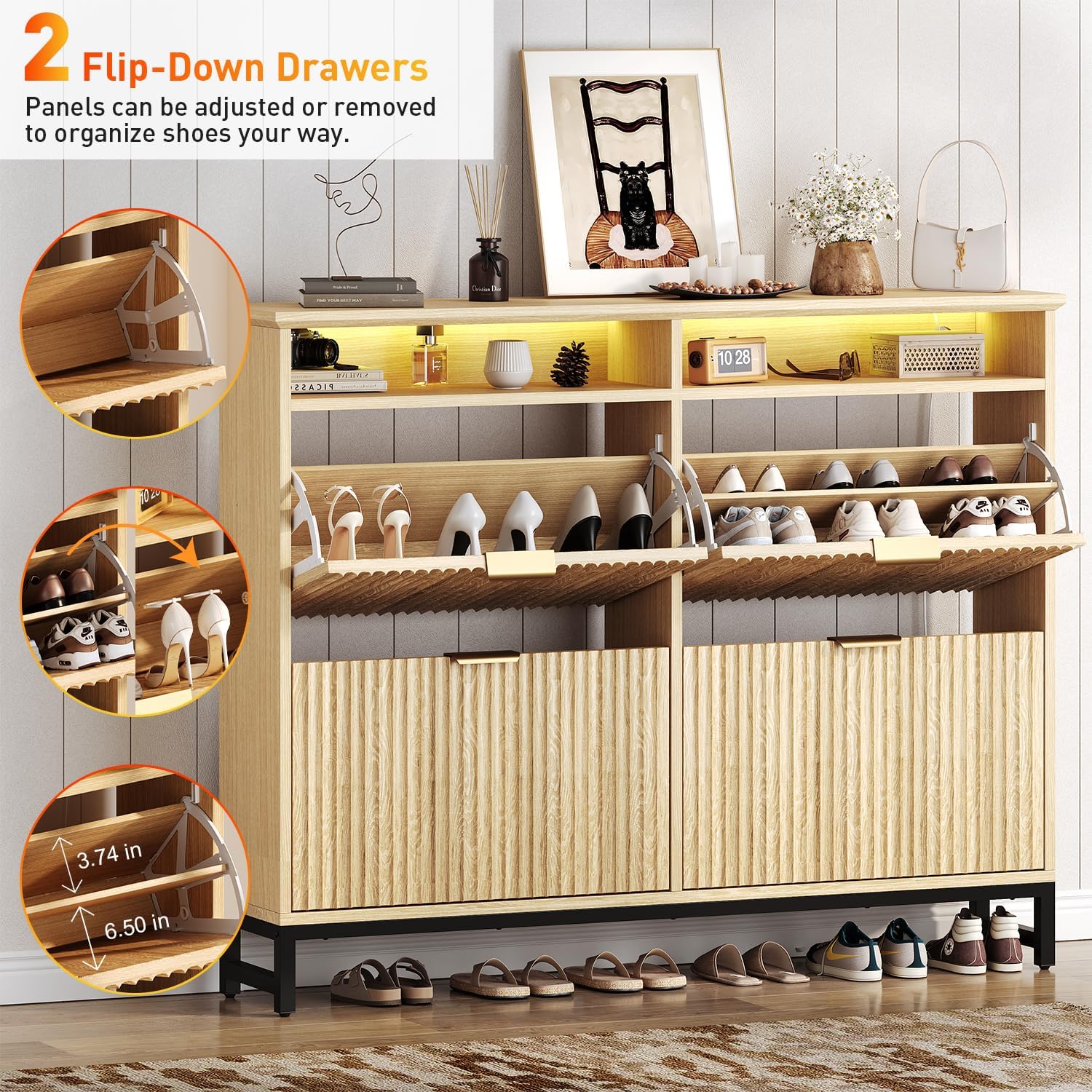 Fluted Shoe Storage Cabinet with 4 Flip Drawers, Narrow Freestanding Slim Shoe Organizer Cabinet for Entryway, Hidden Shoe Rack with Open Storage Space & LED Light for Hallway or Foyer