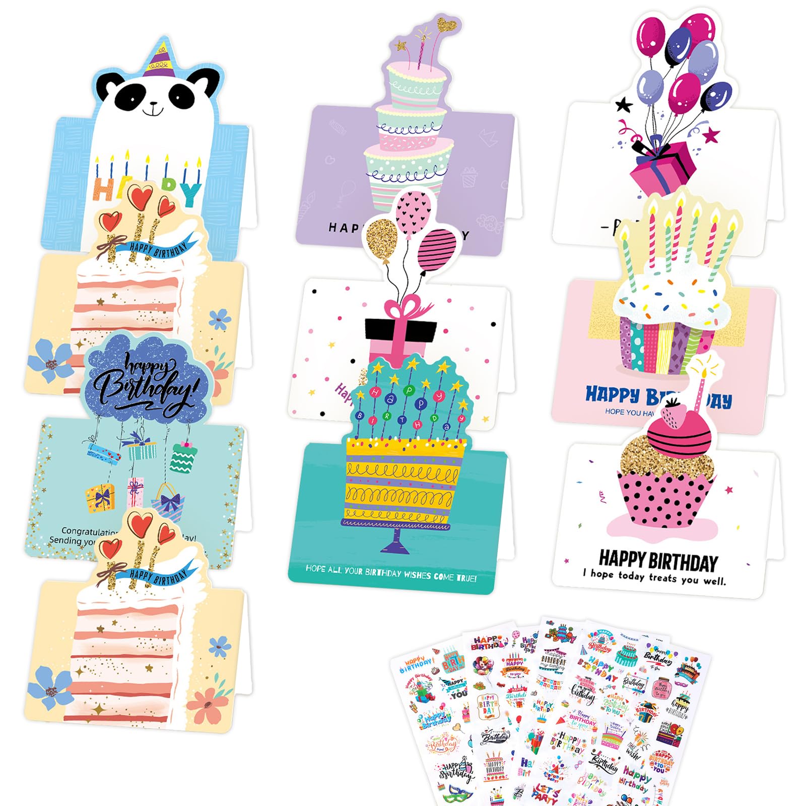 XJLyaya 10 Stücke Geburtstagskarte, Geburtstagskarte Frau, Geburtstagskarten, Happy Birthday Karte, mit 4 Stücke Aufklebern zum Thema Geburtstag, Geeignet für Kinder, Männer, Frauen