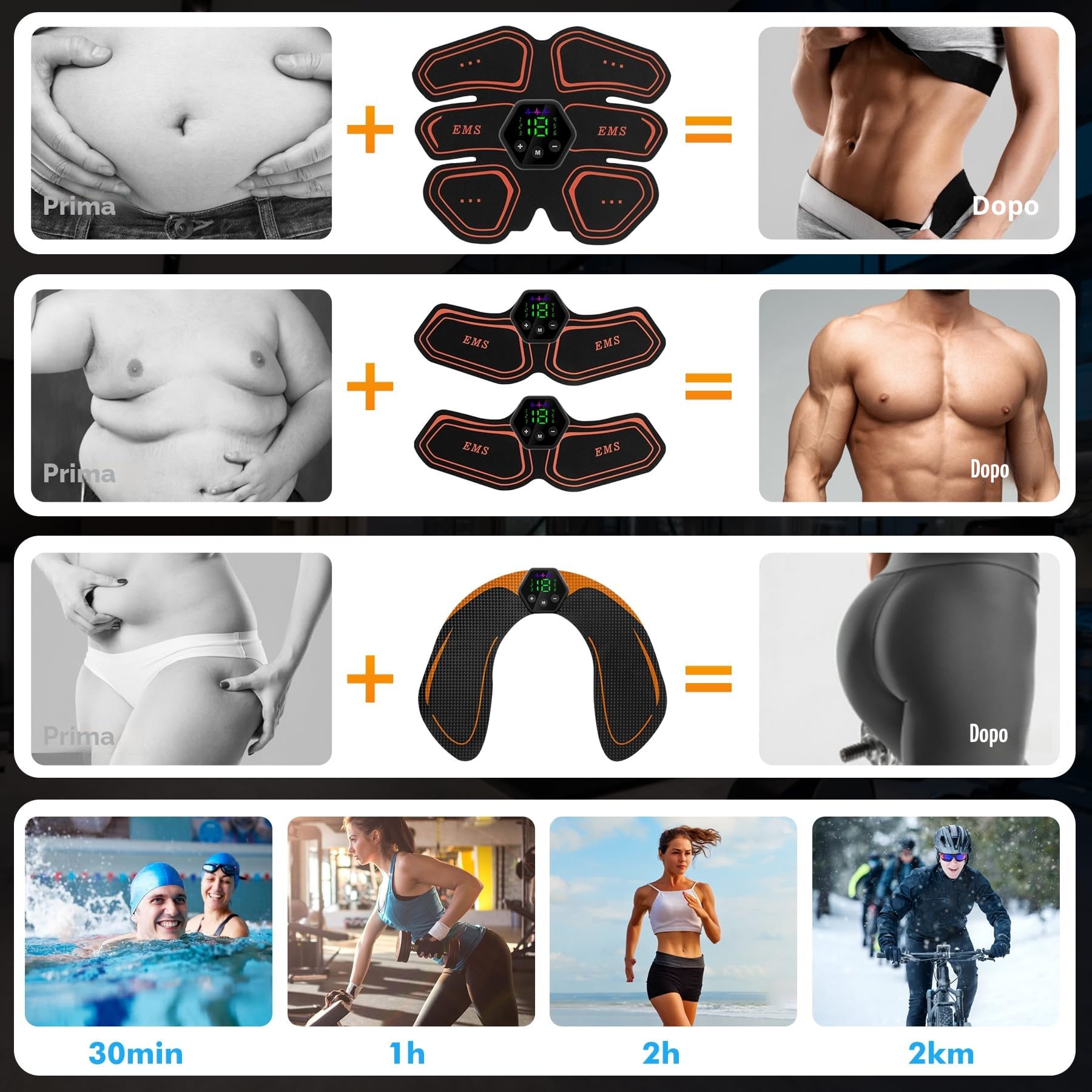 Elettrostimolatore Muscolare - EMS Elettrostimolatore Addominali,6 modalità e 19 intensità, Stimolatore Muscolare Glutei/Addome/Braccia/Gambe