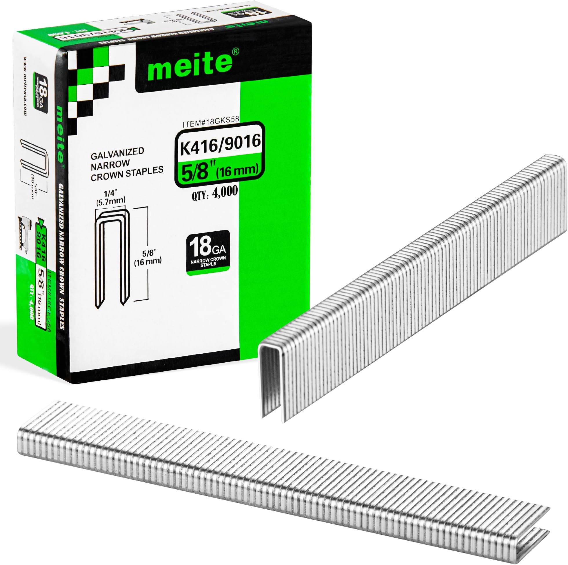 meite 18 Gauge 1/4-Inch Narrow Crown Staples, 5/8-Inch Length Heavy Duty Galvanized Upholstery Staples for Electric or Pneumatic Narrow Crown Staple Guns (4,000 PCS)