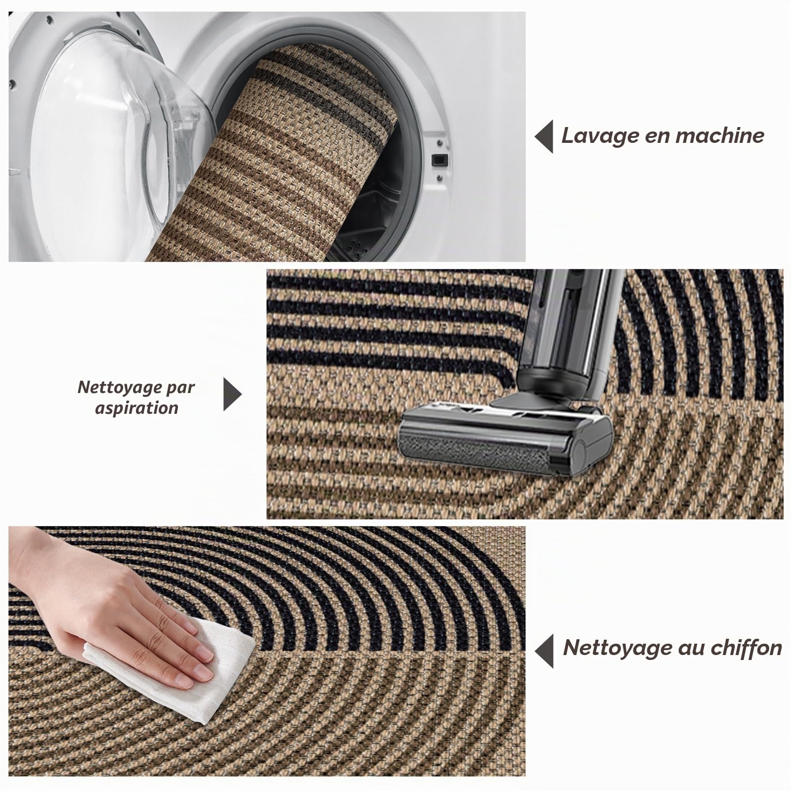 Capslpad Tapis de couloir 80 x 300 cm avec aspect jute, tapis de cuisine, lavable naturellement, tapis noir et marron, antidérapant, pour couloir, cuisine, chambre, balcon