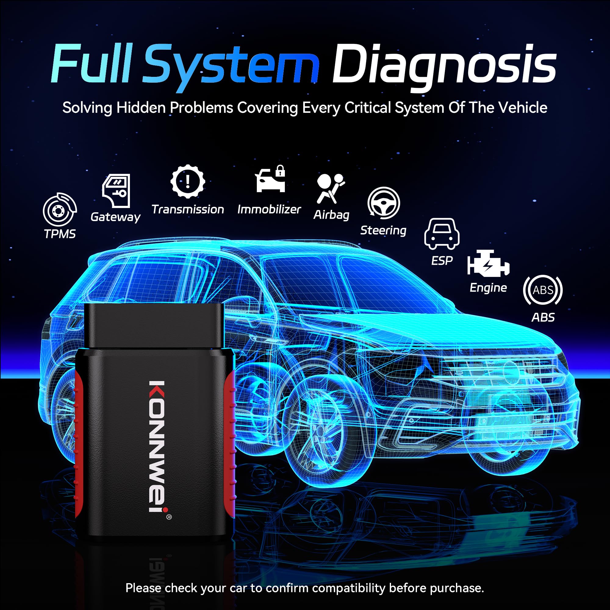 KONNWEI OBD2 urządzenie diagnostyczne do samochodu, OBD2 Bluetooth 5.2, adapter do iOS i Android, z pełną diagnostyką systemu i 5 funkcjami serwisowymi, nie wymaga subskrypcji