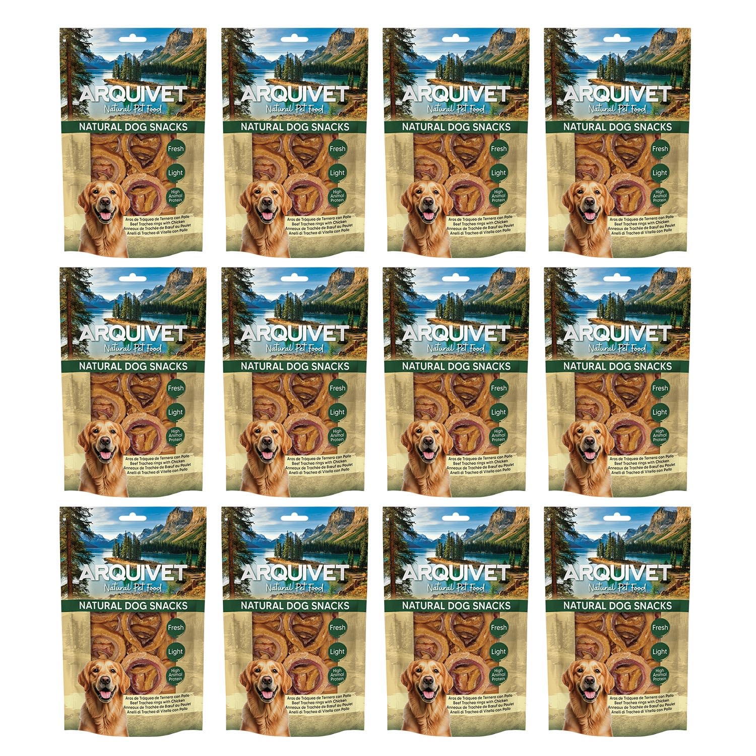 Snacks para Perro (Pack de 12) - Aros de tráquea de Ternera con Pollo 100gr, Natural Dog Snacks - Arquivet