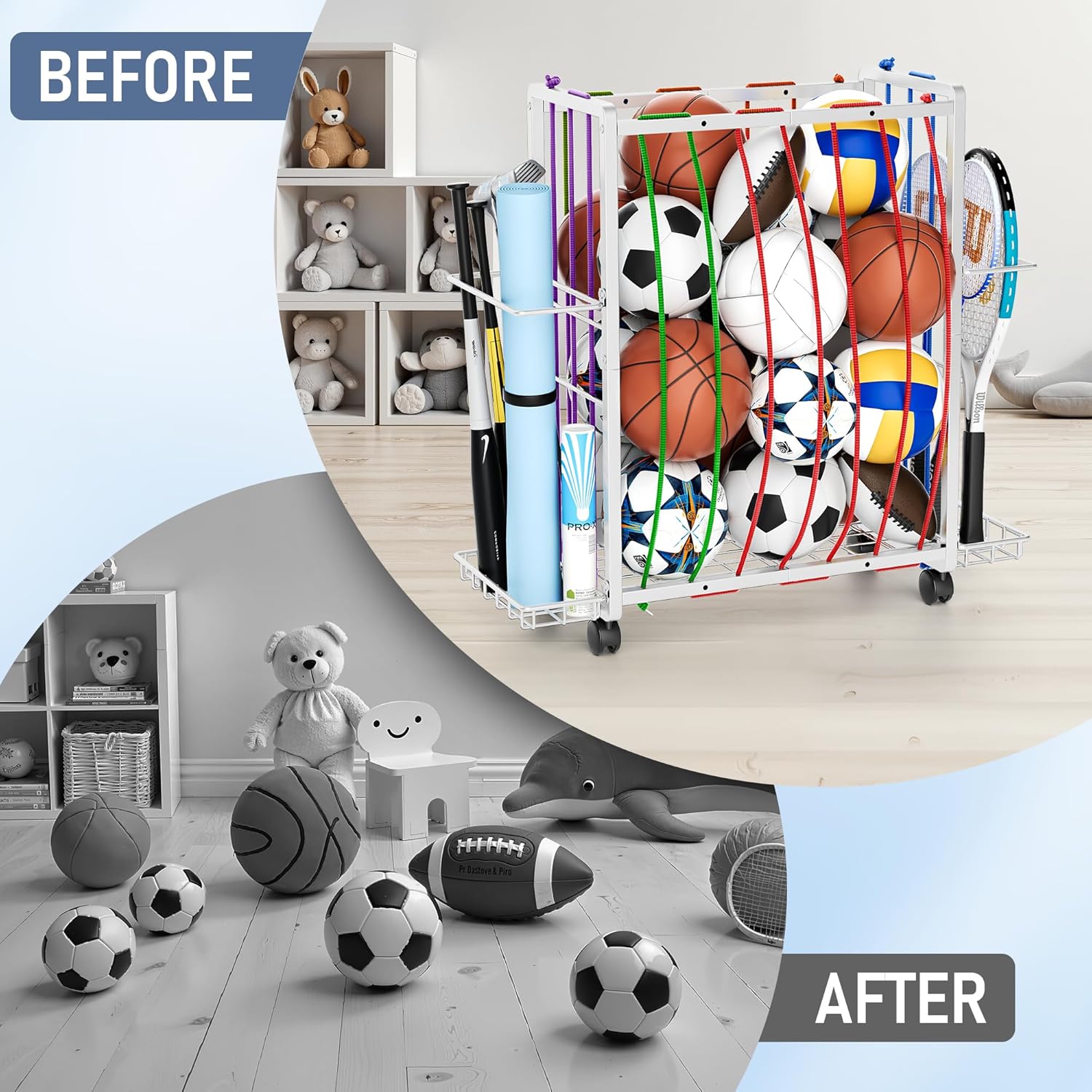 Rolling Sports Ball Storage Cart, Large Capacity Sports Equipment Organizer Garage Ball Organizer with Bat & Racket Holder, Heavy-Duty Sports Equipment Rack with Wheels for Garage Home & Gym (White)