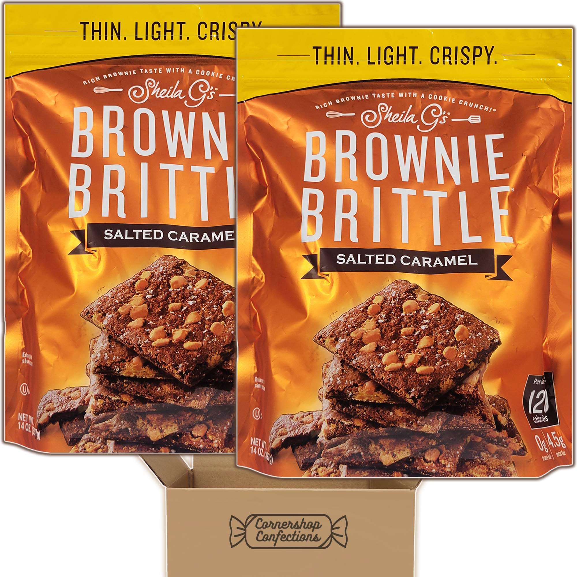 Salted Caramel Brownie Brittle Bundle Pack - 2 Large Resealable 14 ounce Bags Included - Snacks, Lunches, Ice Cream Topping - Thin Crunchy Brownie Treat in Cornershop Confections Pack