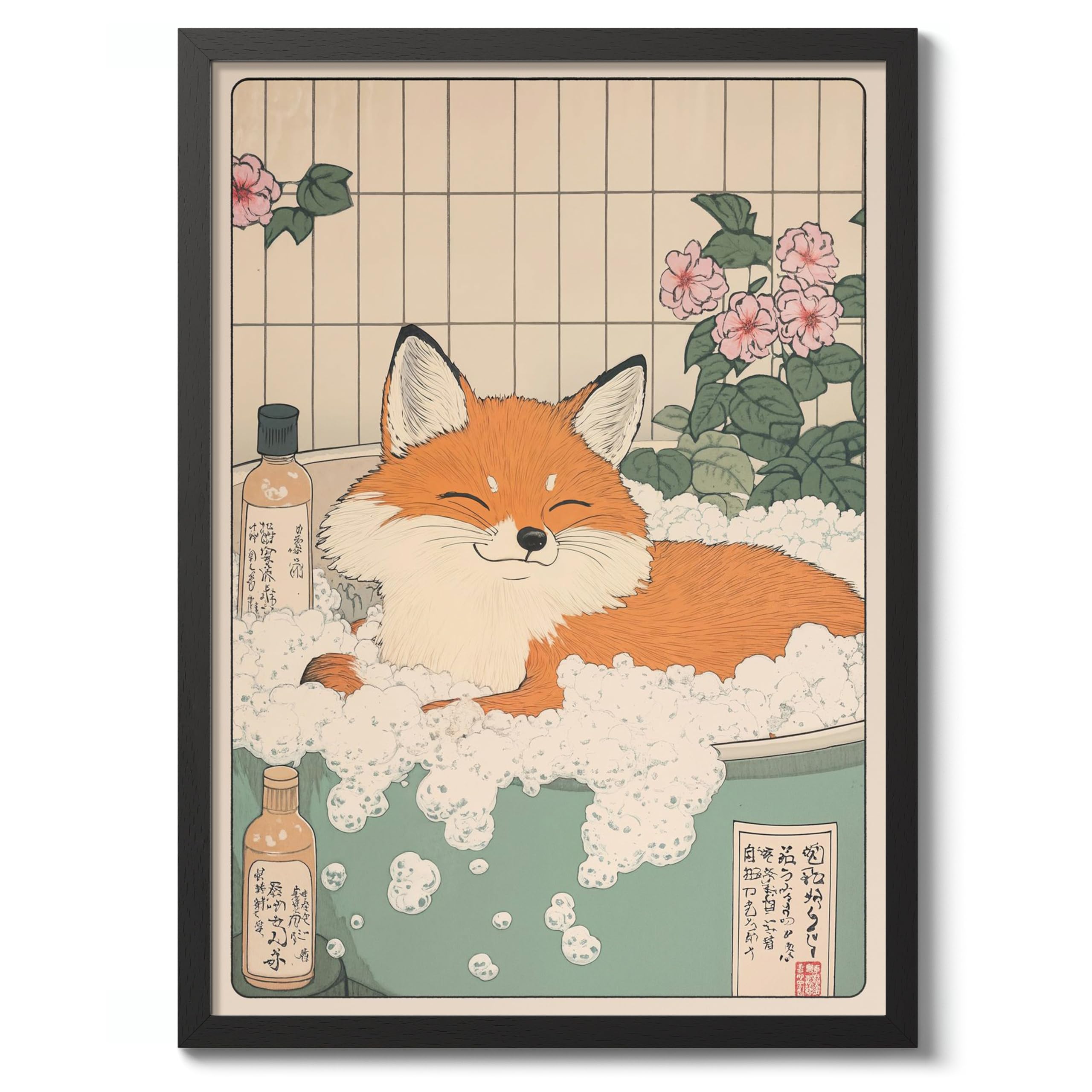 Fox Bathtime Anime Animal Poster, Funny Bathroom Wall Art Print, Manga, Bathroom Wall Art, Toilet Decor, A1 (Black Frame) - 86.9x62.4cm
