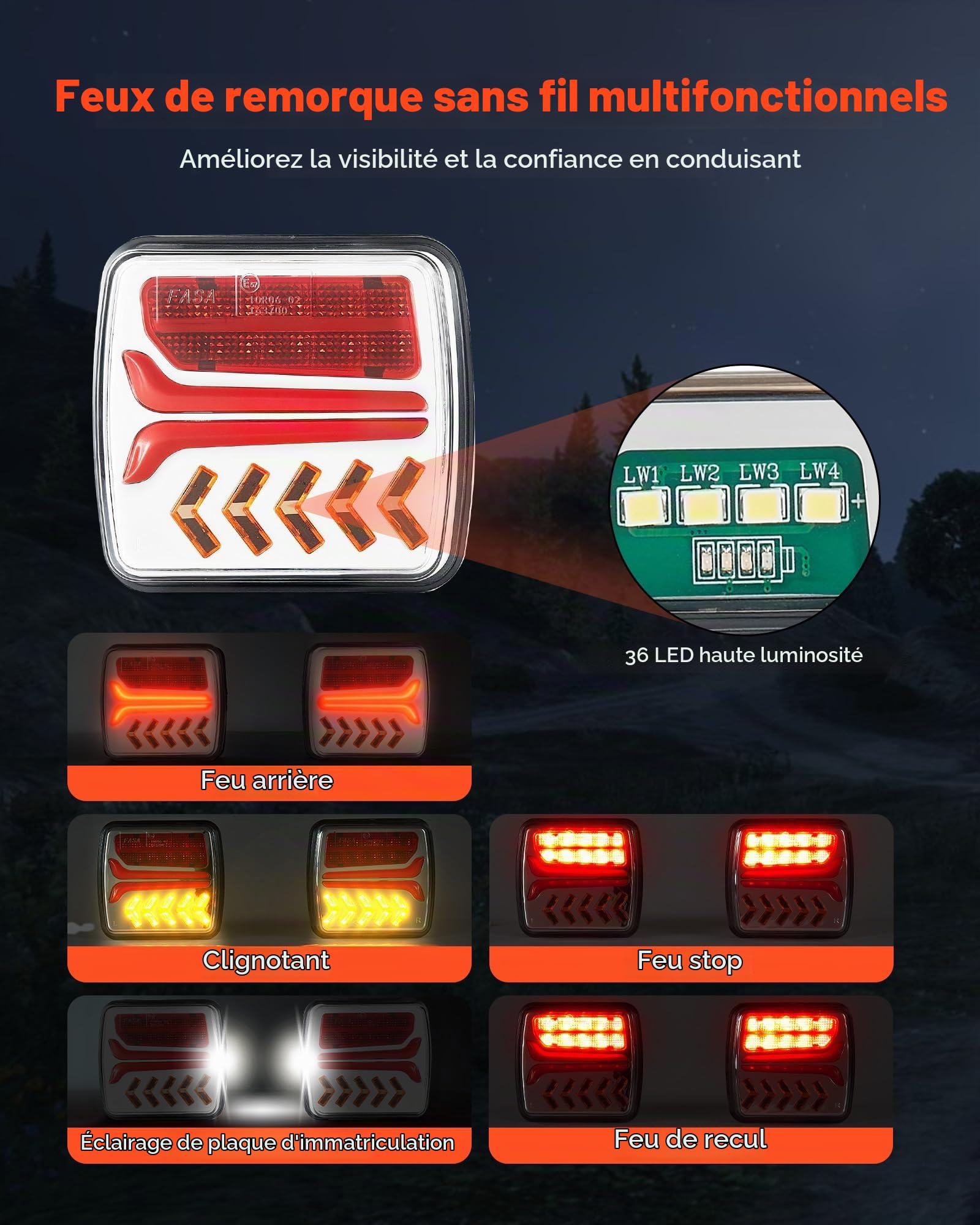 VEVOR Feux de Remorque Magnétiques LED 2PCs, Feux Arrière/Stop/Clignotant/de Plaque d'Immatriculation/de Recul, Kit d'Éclairage de Remorque Étanche 12 V sans Fil, pour Bateau, Camion, Camping-car