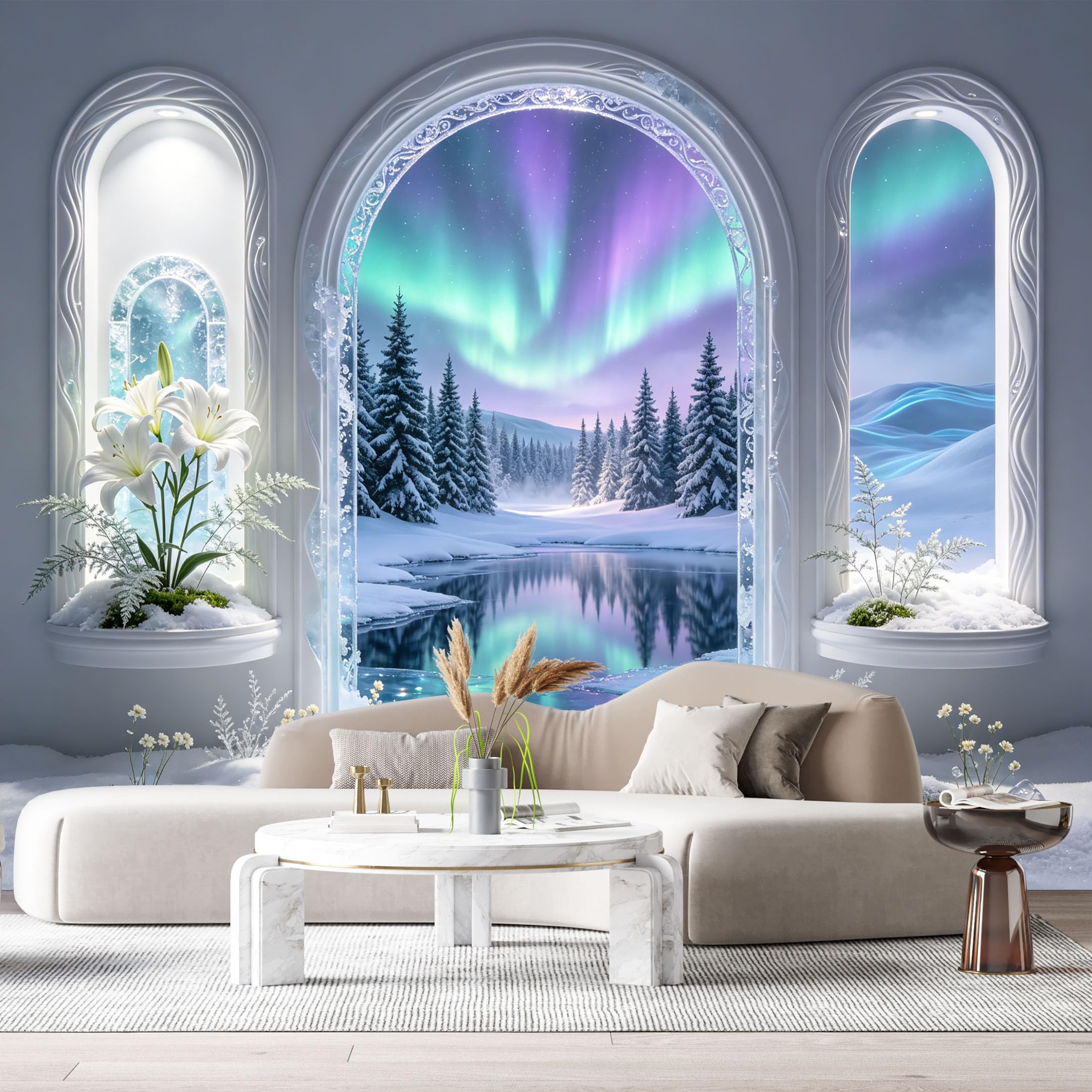 Custom Size Wall Murals Aurora Borealis Snowy Forest Lake 3D Trompe L'Oeil SelfAdhesive Wall Fabric Removable Large Wallpaper for Photo Living Room Interior Decor