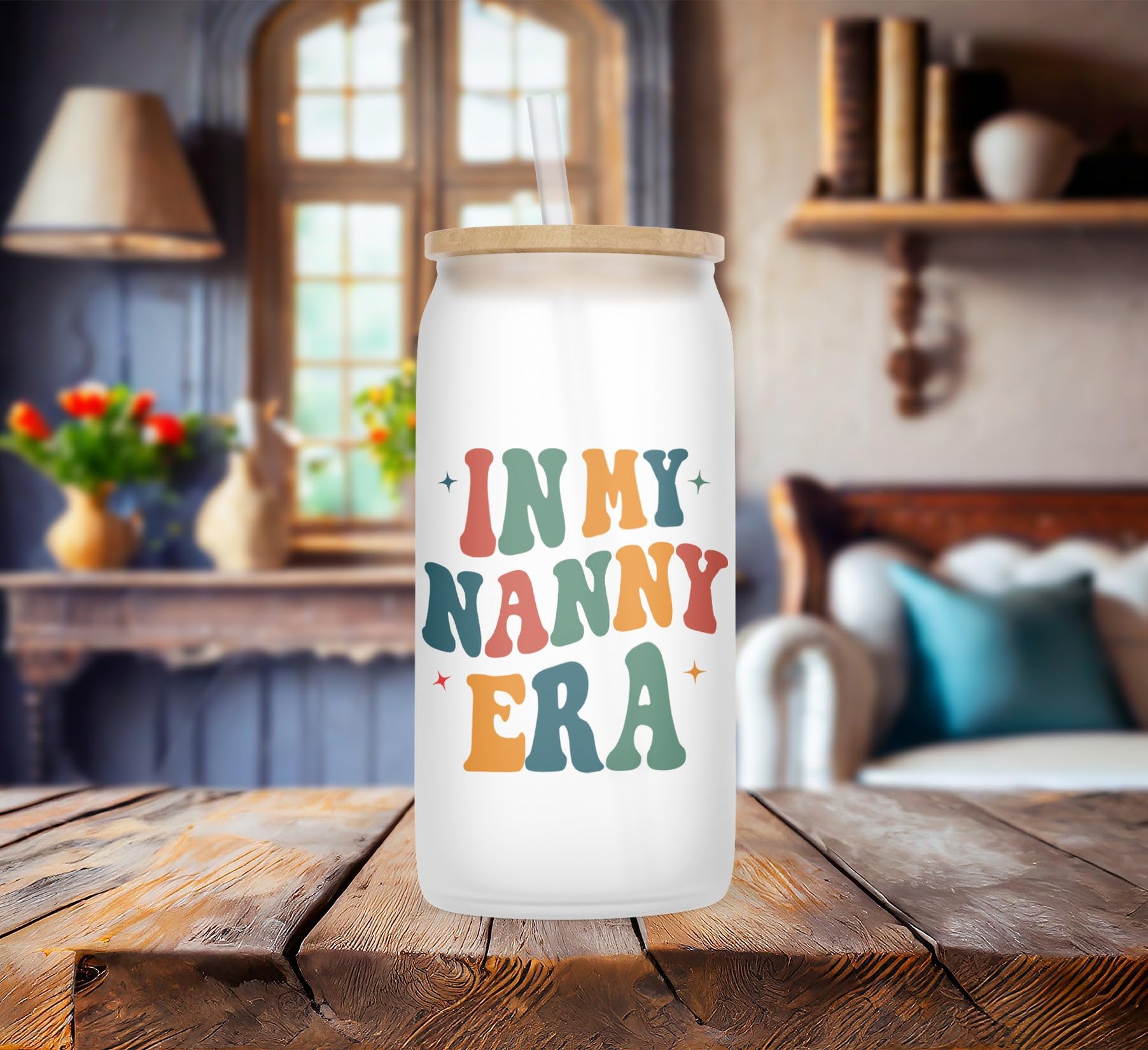 NMPCreativeStore In My Nanny Era Frosted Glass Cup 16Oz - It's Me Hi I'm The Nanny It's Me Glass Tumbler - Cool Cute Babysitter Coffee Mug - Ice Coffee Cup Gifts For Nanny, Transparent