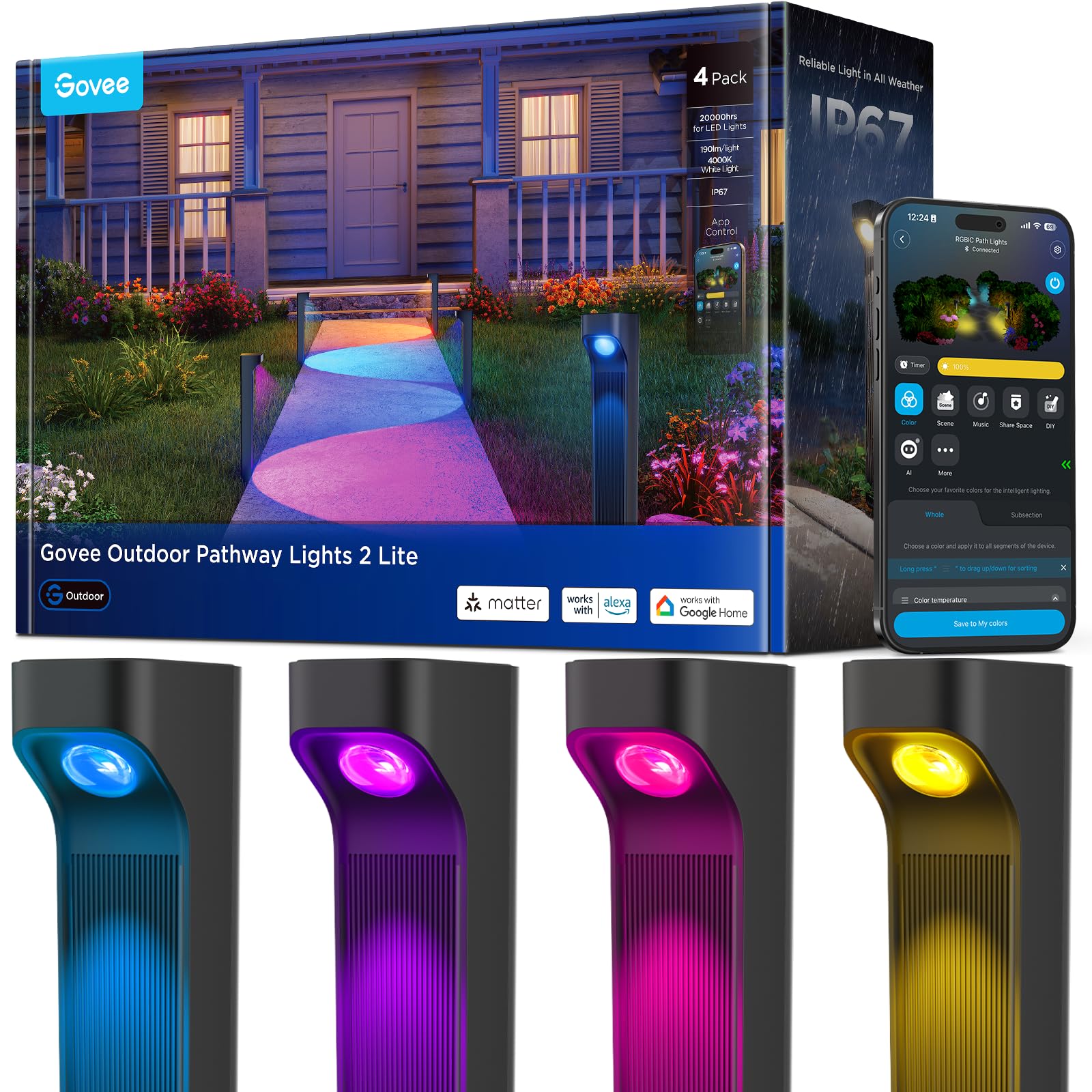 Govee Wegeleuchten Außen 2 Lite RGBWIC, Smart Gartenbeleuchtung mit IP67 Wasserdicht, Kompatibel mit Matter, Alexa & Google Assistant, 60+ Szenen, Outdoor Gartenleuchte für Gehweg,Hof,Garten, 4 Stück