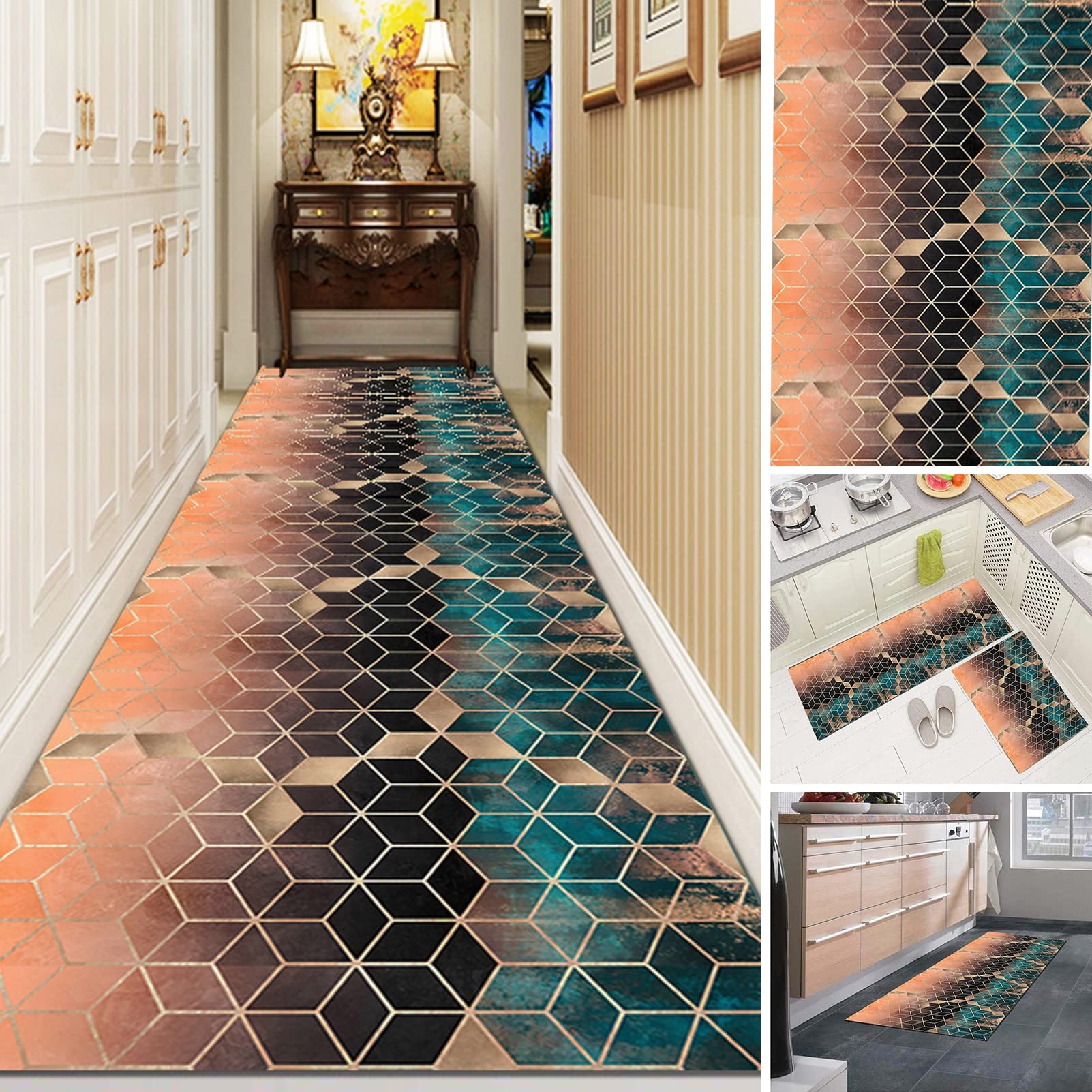 Alfombra de pasillo lavable y duradera con diseño geométrico actual