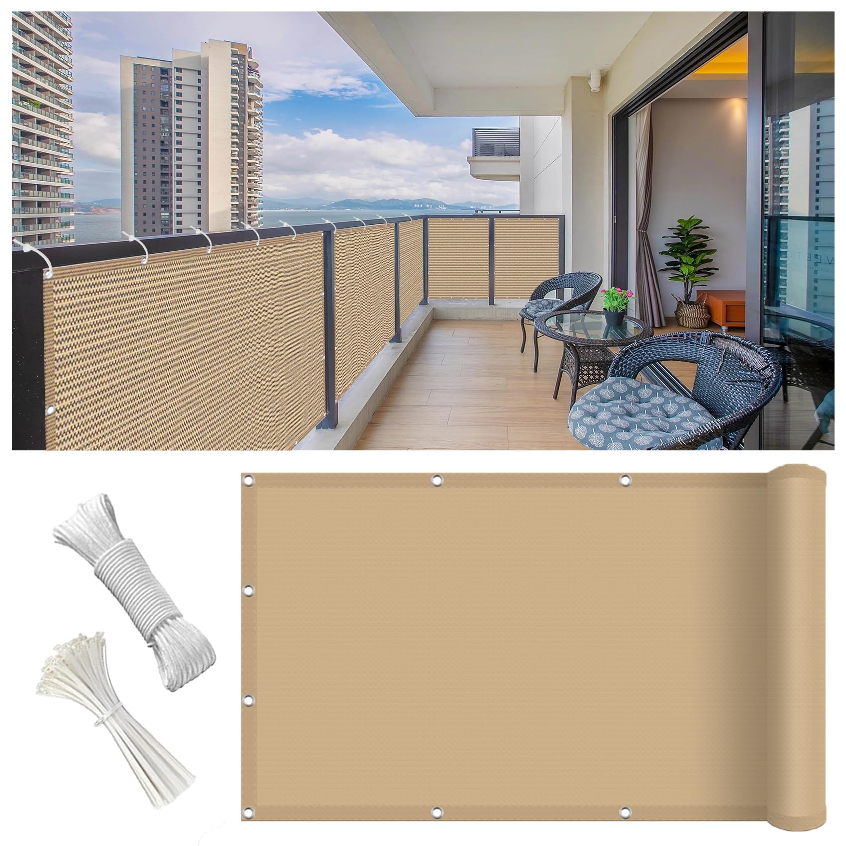 Telo Copri Ringhiera Balcone 95 x 500 cm Protezione Della Privacy, Frangivento, Anti-Uv, Agenti Atmosferici Telo Ombreggiante Recinzioni con Corde Fascette per Patio, Giallo sabbia