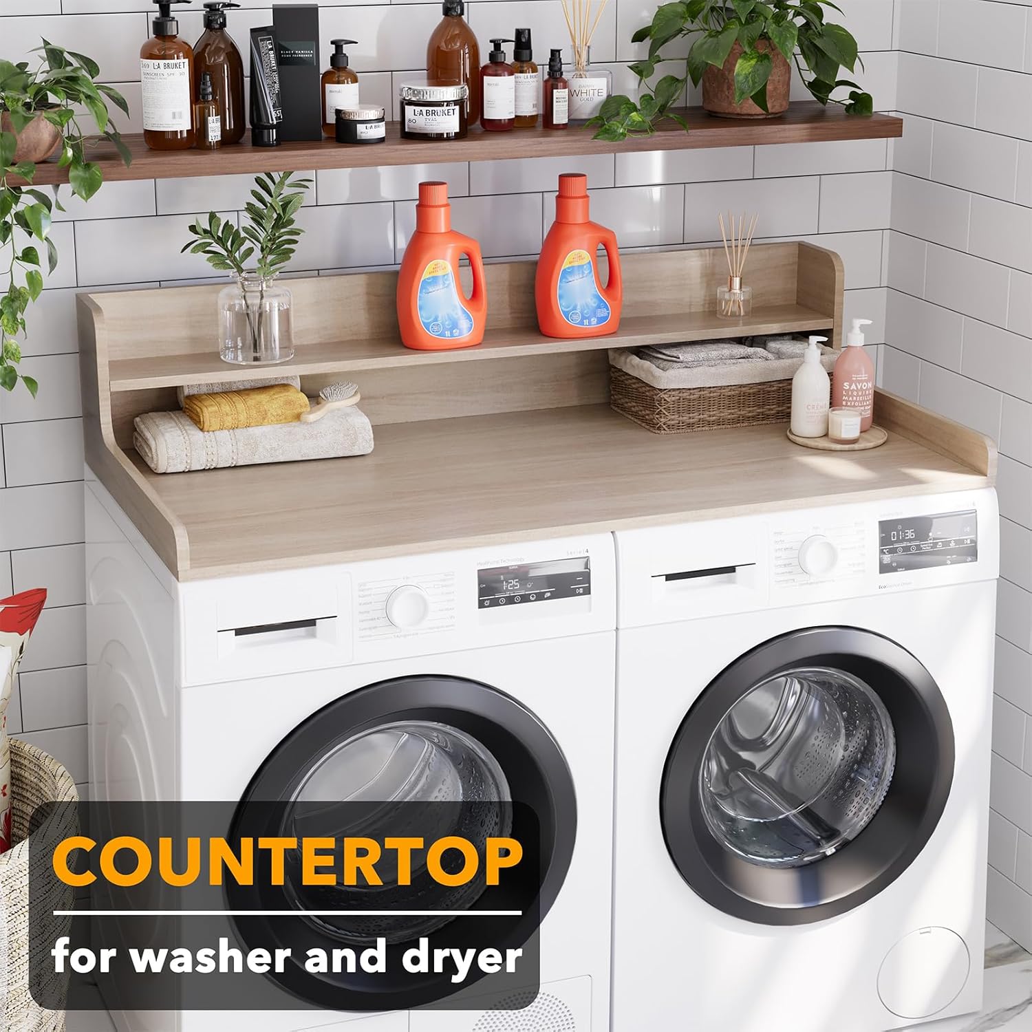 SpaceAid Washer Dryer Countertop with 2-Tier Shelf, Wood Topper with Edge, 54" Width x 27.5" Depth Cover Organizer Guard for Washer and Dryer Counter Laundry Hamper Storage (Oak) 2-Tier Oak