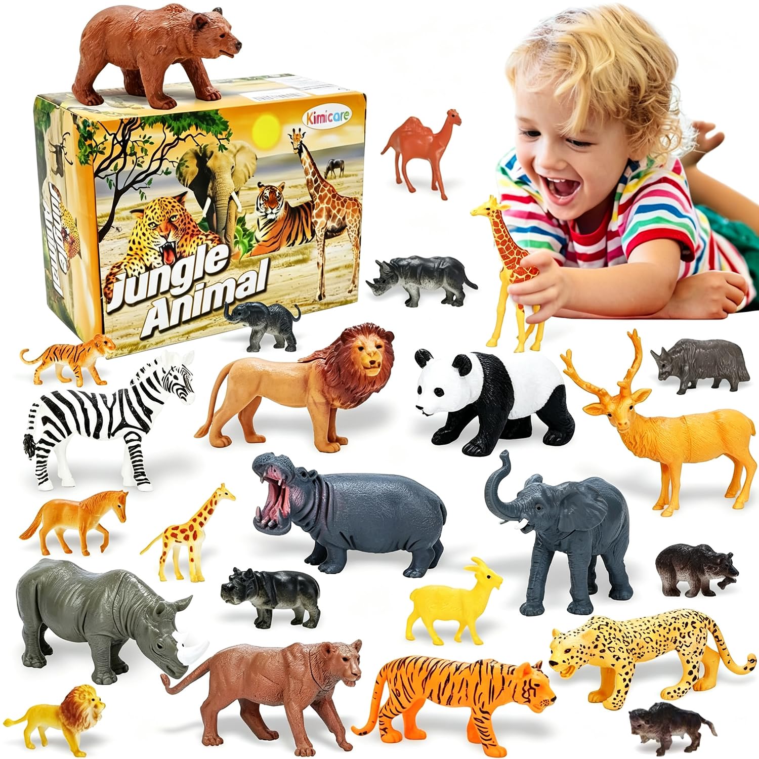 24Pcs Safari & Zoo Animals Figures, Realistic Plastic Animal Toys Set for Kids 1 2 3, Educational Jungle Animals Figures Playset, Party Supplies Birthday Gifts for Toddlers Boys Girls