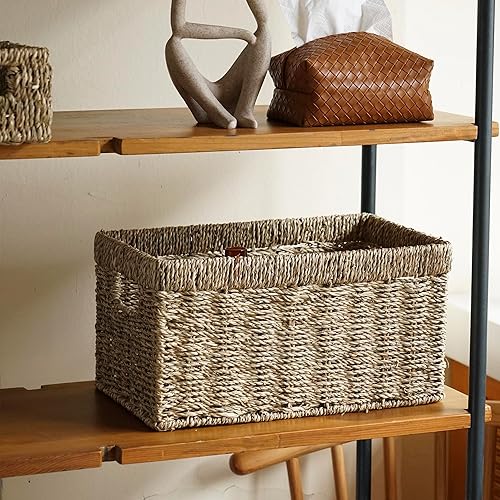 Miniatura 6 de Cesta de mimbre tejida de hierba marina con asas, cestas organizadoras de almacenamiento rectangulares para estantes (S 11.8 x 6.69 x 6.3 pulgadas)