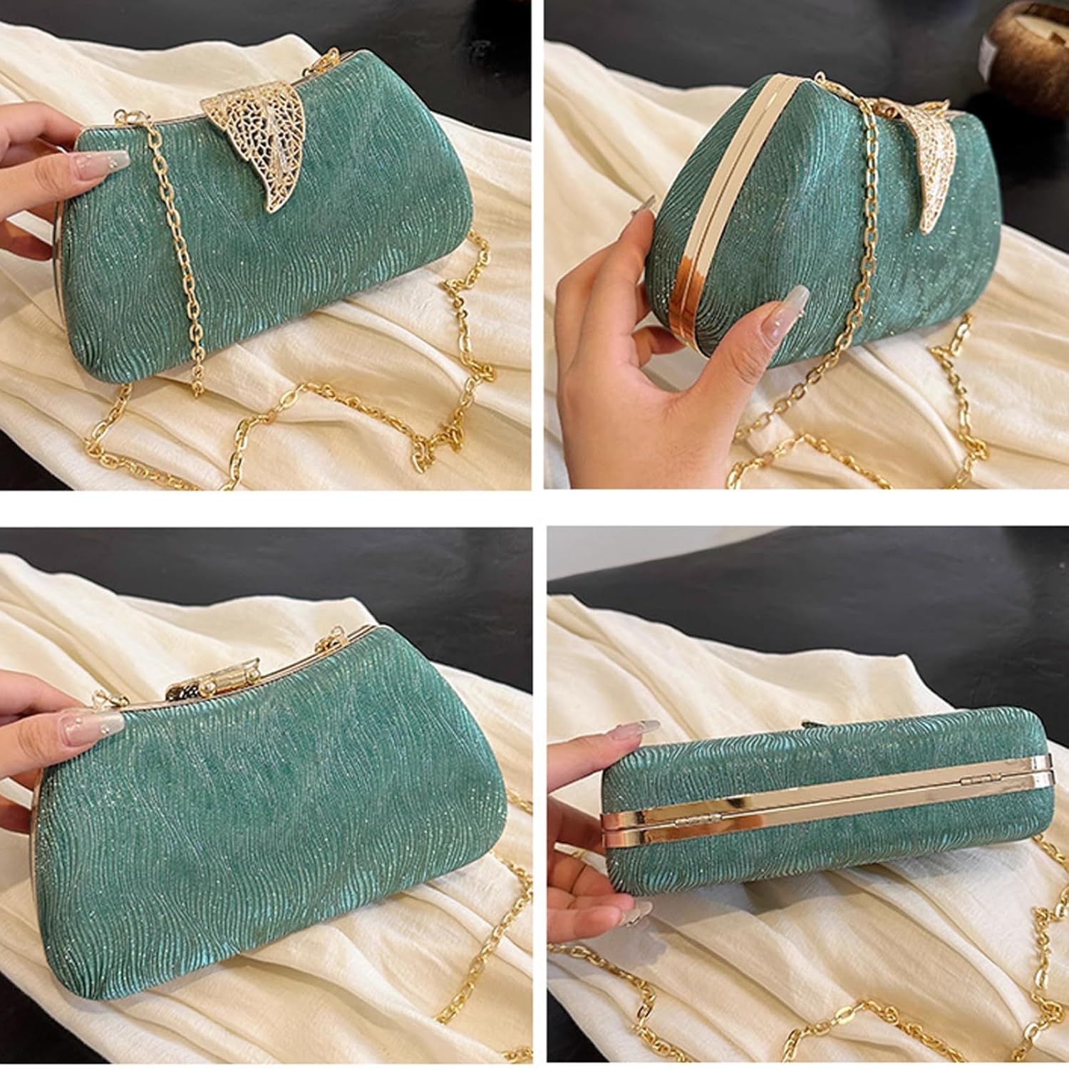 Elegant Evening Bag For Wedding, Sparkly Formal Purse, Glitter Prom Cocktail Party Clutch With Gold Metallic Leaf Clasp