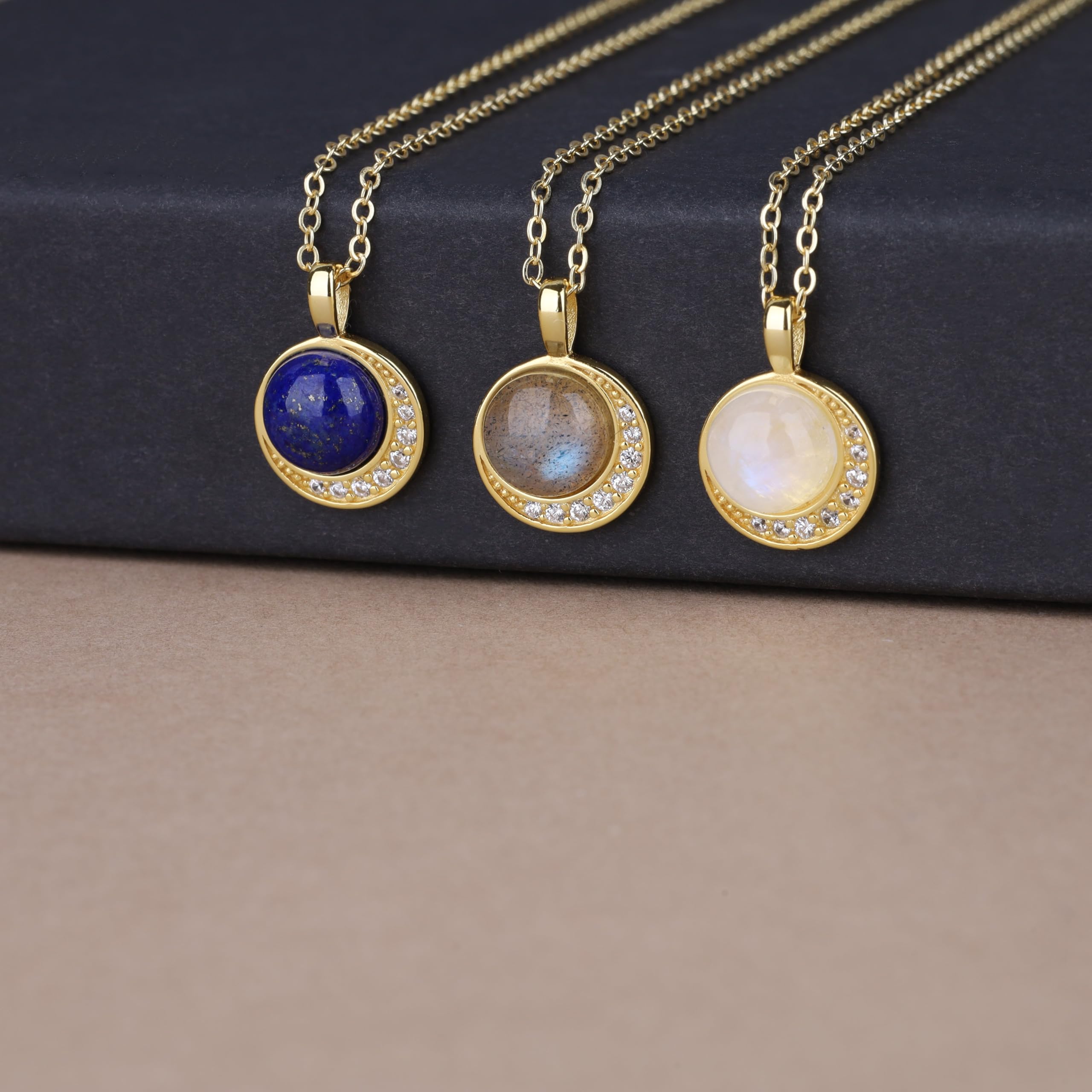 COAI Collana Argento 925 da Donna Placcato Oro 14K con Ciondolo Luna Crescente, Collana da Donna in Pietre Naturali e Zirconia Cubica