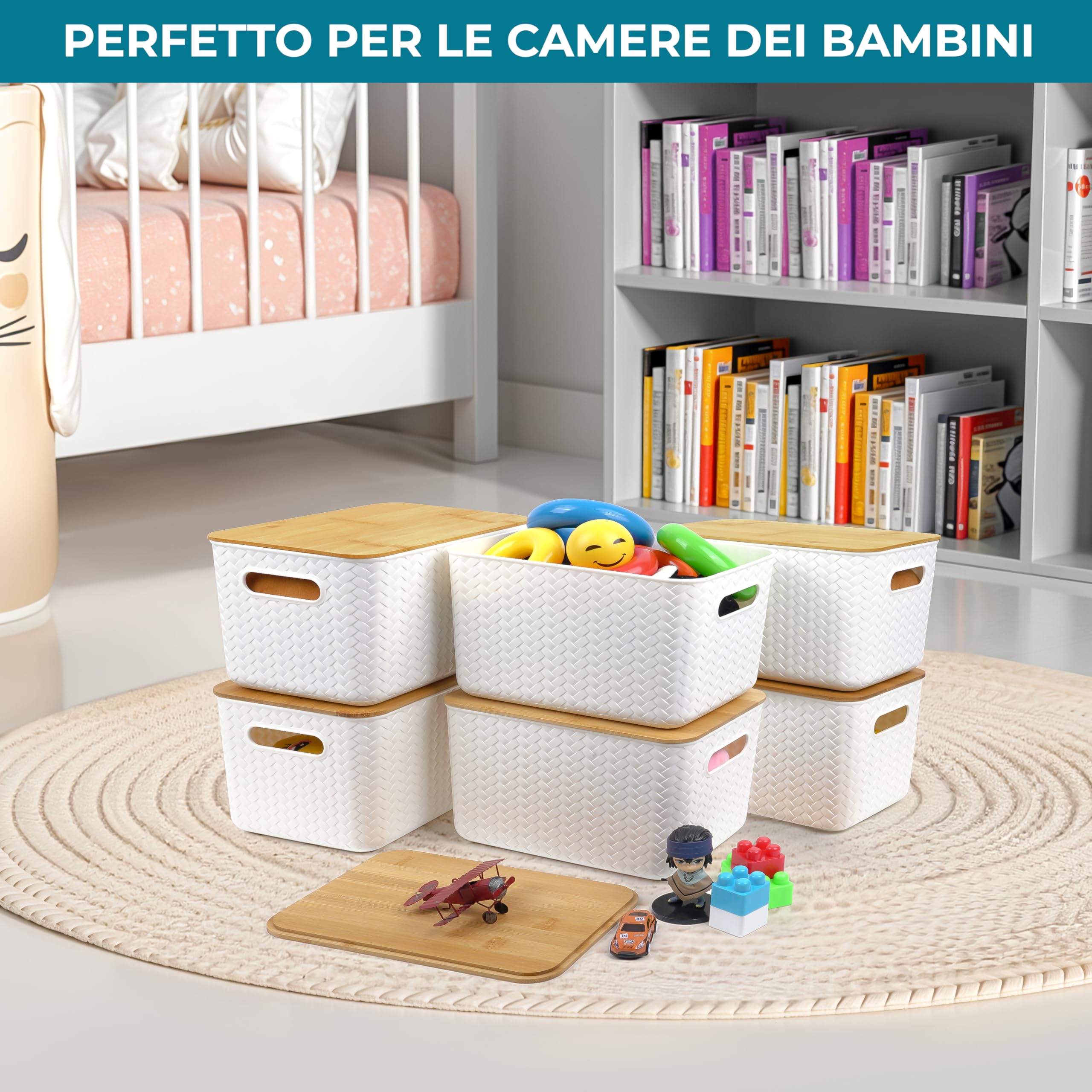 Winter Shore Scatole Grandi con Coperchio in Bambù (4 Pezzi) | Porta Oggetti, Cesta Portaoggetti, Scatola Decorativa per la Scrivania e l'Ufficio, Contenitori Impilabili per Uso Quotidiano