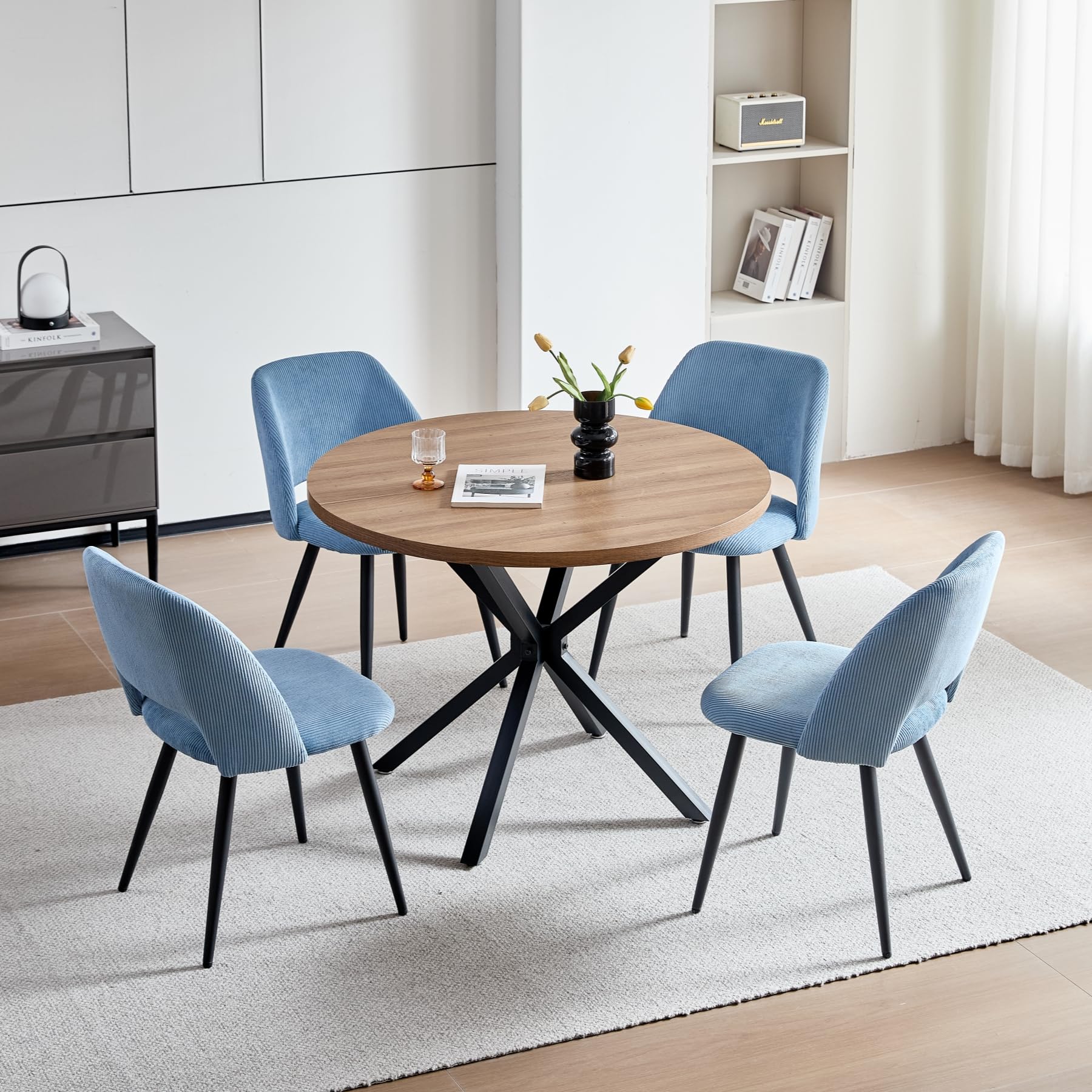 Pack de 4 Silla de Comedor, Silla de Cocina de Pana a Rayas, Silla Tapizada con Diseño de Respaldo Hueco, Adecuada para Comedor, Sala de Estar, Cocina, Dormitorio - Azul