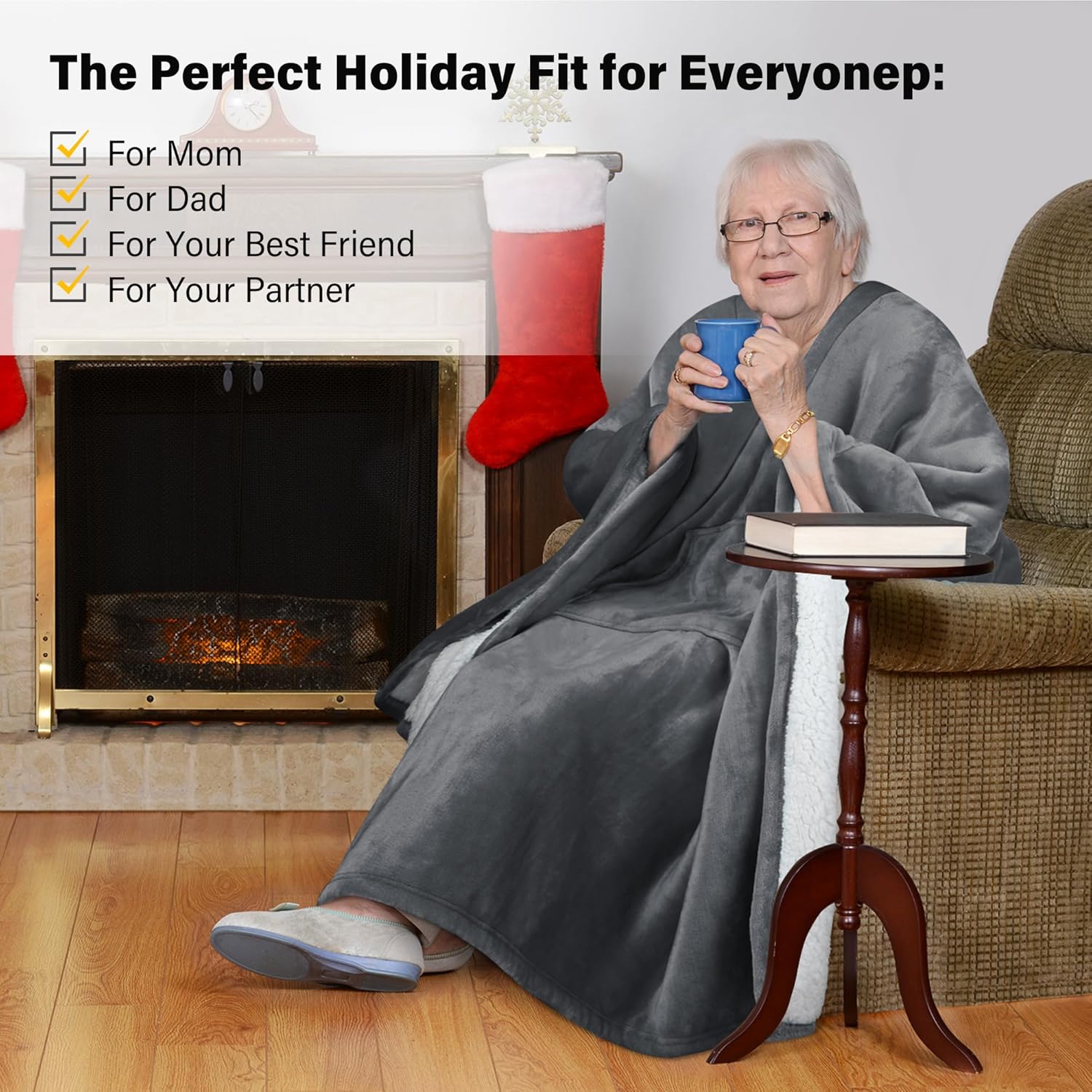 Catalonia Sherpa Wearable Poncho for Adult Women Men, Wrap Blanket Cape with Pocket, Warm, Soft, Cozy, Snuggly, Comfort Gift, No Sleeves, Grey - Image 8