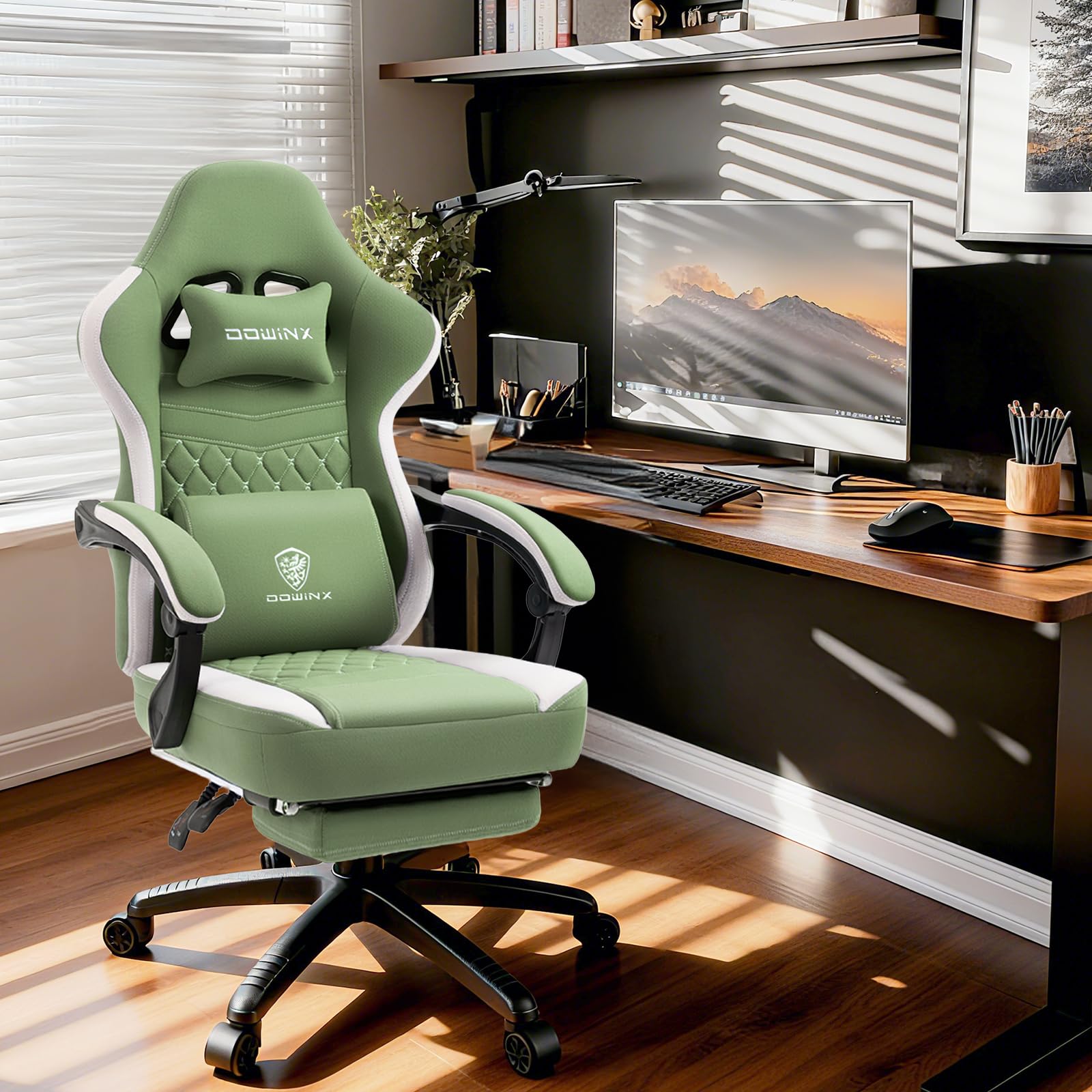 Dowinx Chaise Gaming Tissu avec Coussin à Ressorts ensachés, Fauteuil de Gamer avec Repose-Pieds, Chaise Ergonomique pour PC Gamer Chaise de Bureau capacité de Charge 150 kg, Vert