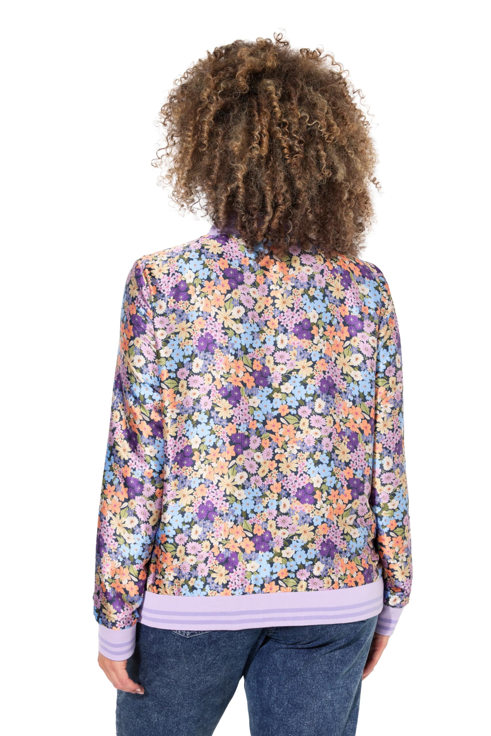 Ulla Popken Bomber Reversibile, Tinta Unita/Fiori, Colletto College, Bordi a Costine 835006