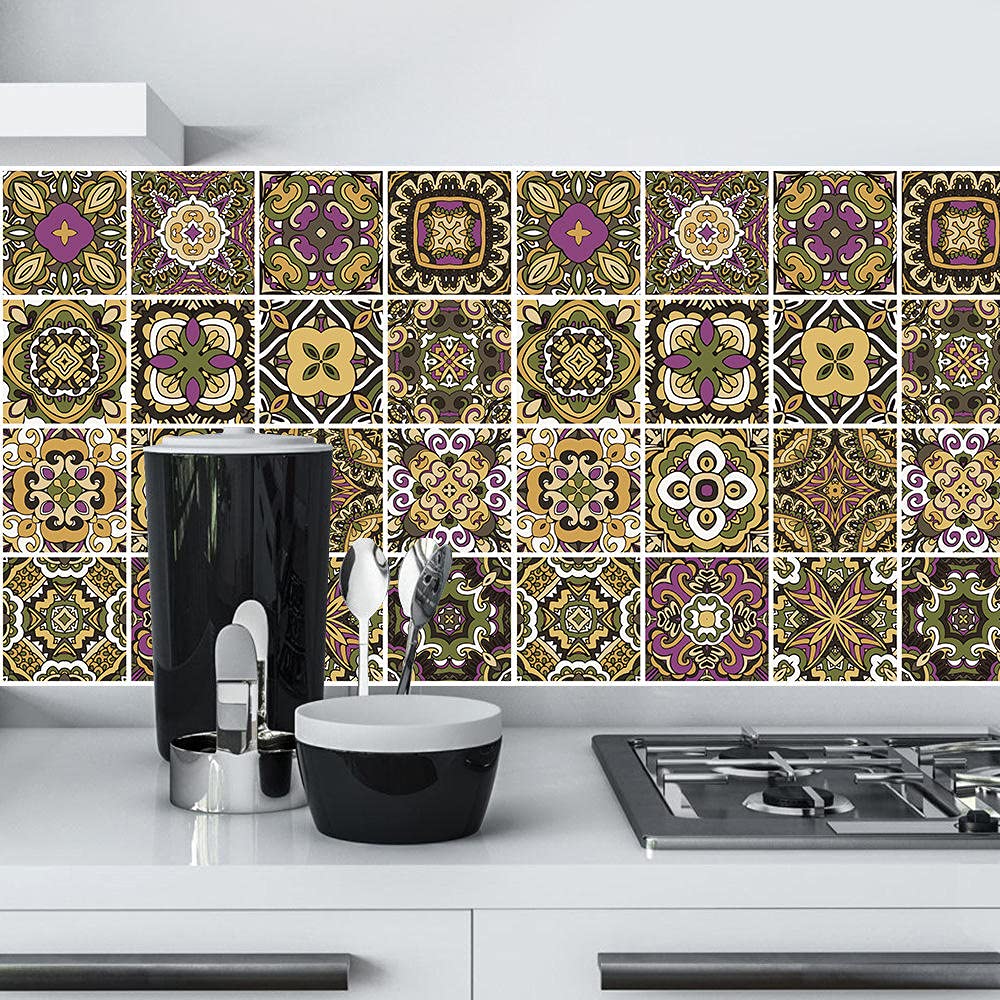 Pegatinas de azulejos amarillas impermeables pegatinas de pared autoadhesivas autoadhesivas retro cuadrados para decoración de muebles de cocina, baño, 30 cm x 30 cm x 16 piezas