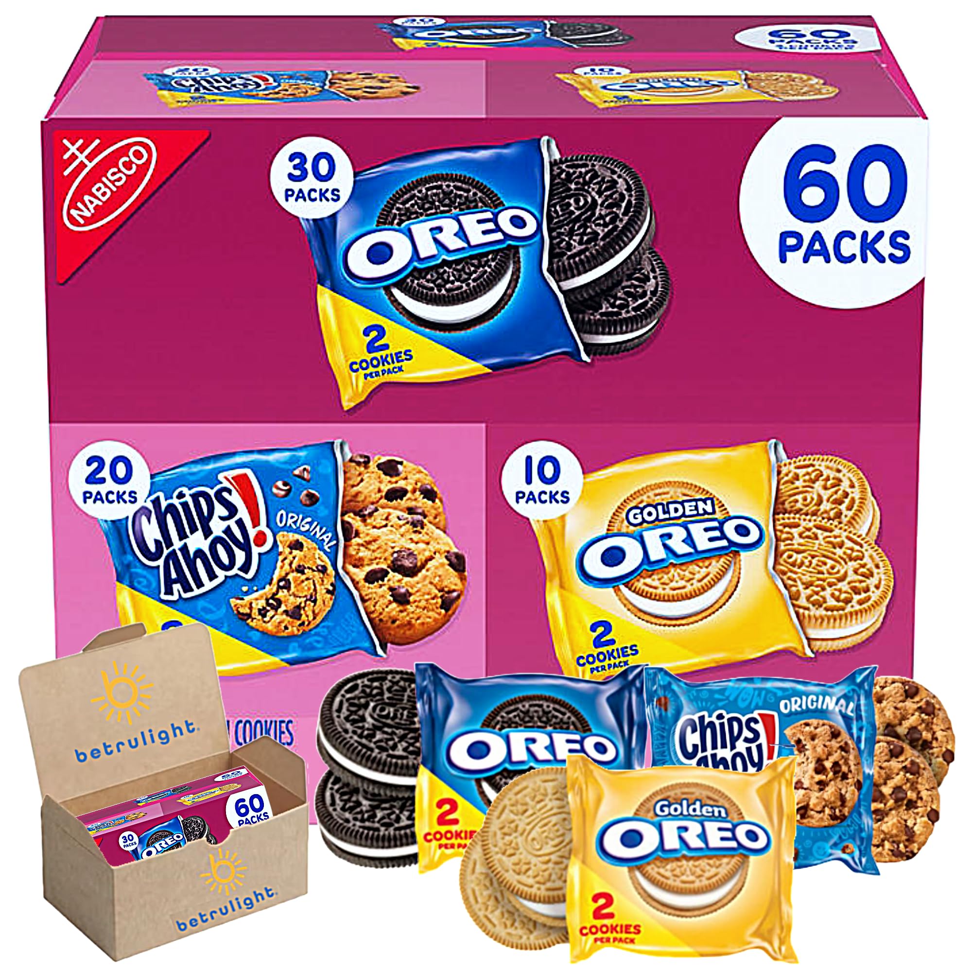 Nabisco Cookie Variety Pack Bundled with Oreo Original & Golden Cookies, Chips Ahoy | Sweet Treat Cookies | Individually Wrapped| Case of 60 | Every Order is Elegantly Packaged in a Signature BETRULIGHT Branded Box (1, (Oreo Original, Golden, Chips Ahoy - Pack 60))
