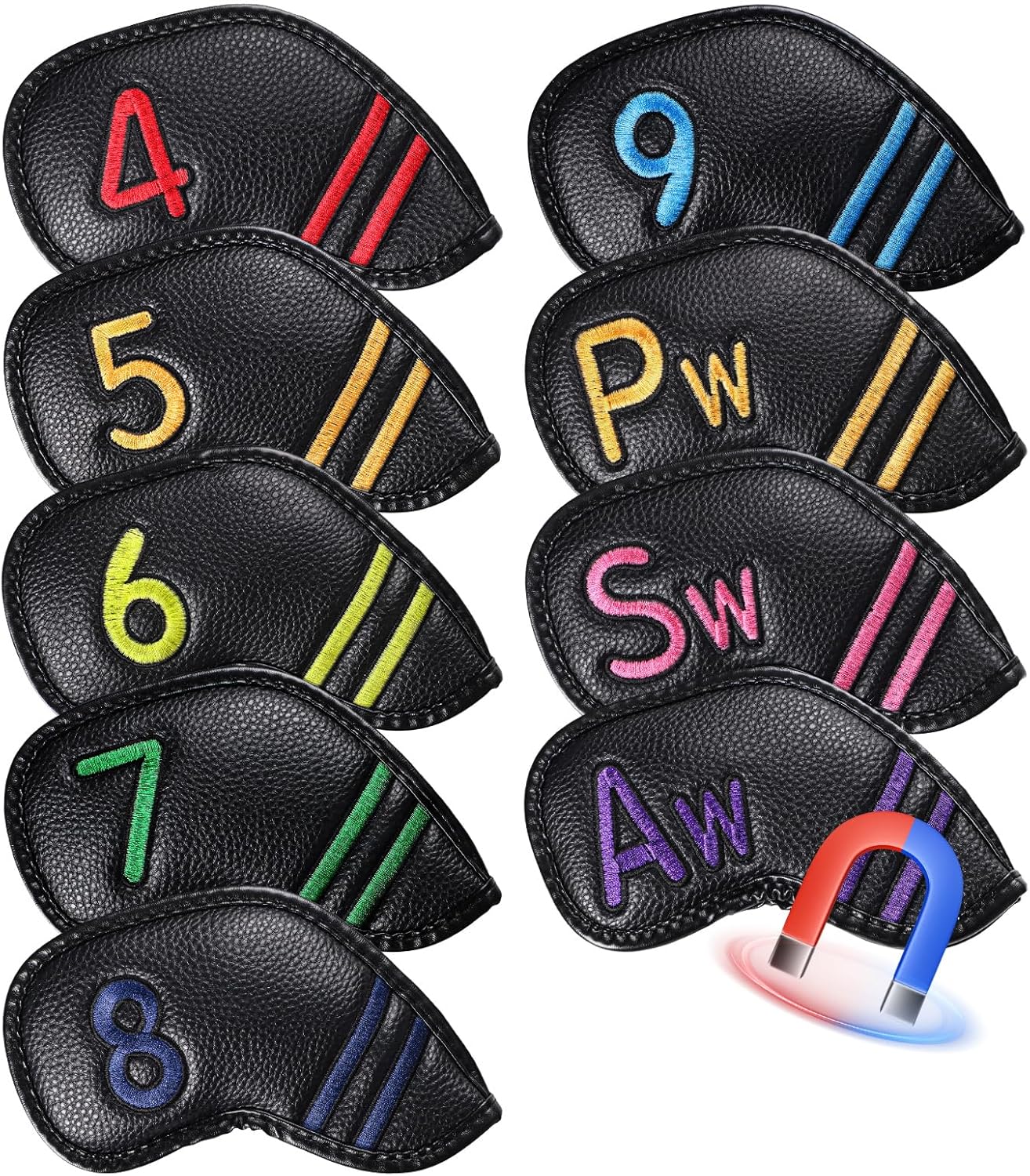 FINGER TEN Magnetic Golf Club Head Covers Value 9 Pack for Iron and Wedge, Premium PU Leather with Double-Sided Colorful Embroidery Label, Stylish Black Covers for Strong Protection