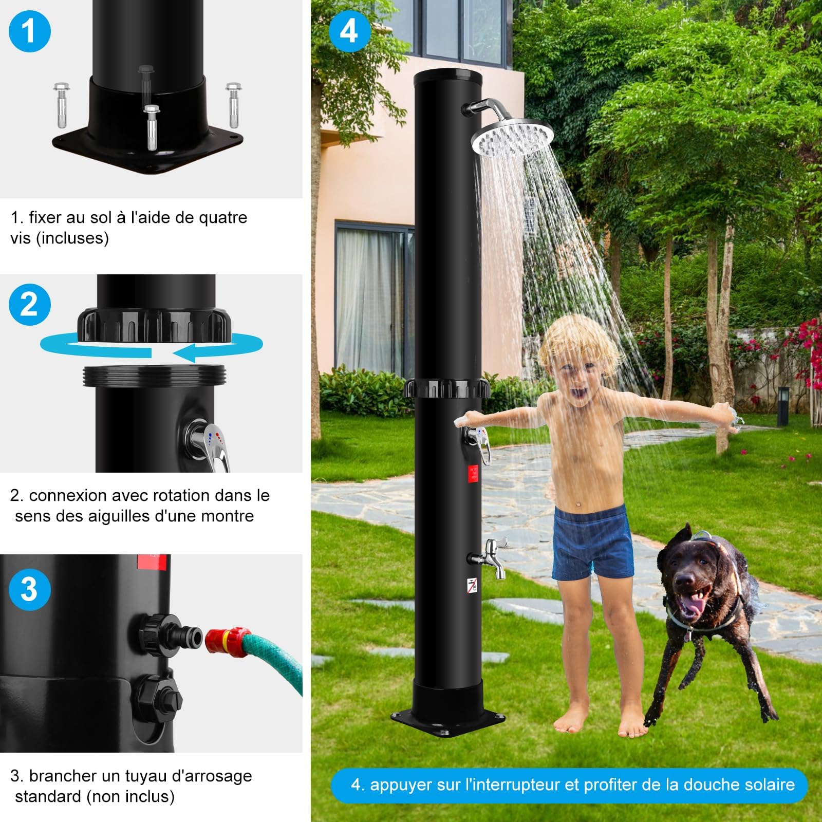 Solardusche 35 Liter Solardusche Garten Gartendusche Aussendusche mit Drehbarem Regenduschkopf und Wasserhahn, Pooldusche Camping Dusche Warmwasser bis 60°C, Ohne Stromanschluss (Mit Abdeckung)