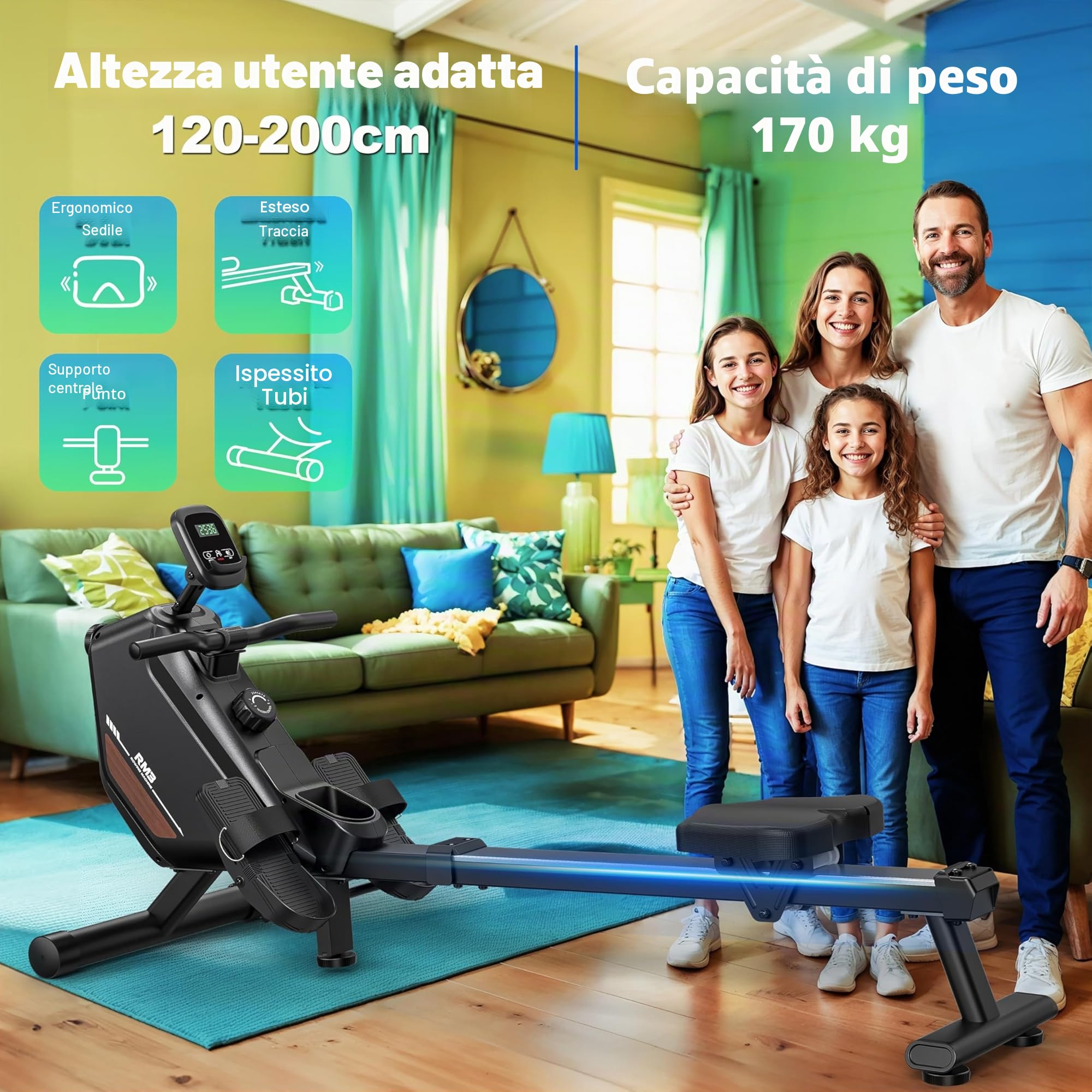 Vogatore per la casa con resistenza magnetica, vogatore con computer di bordo Bluetooth, supporto per tablet regolabile, capacità di carico 170 kg