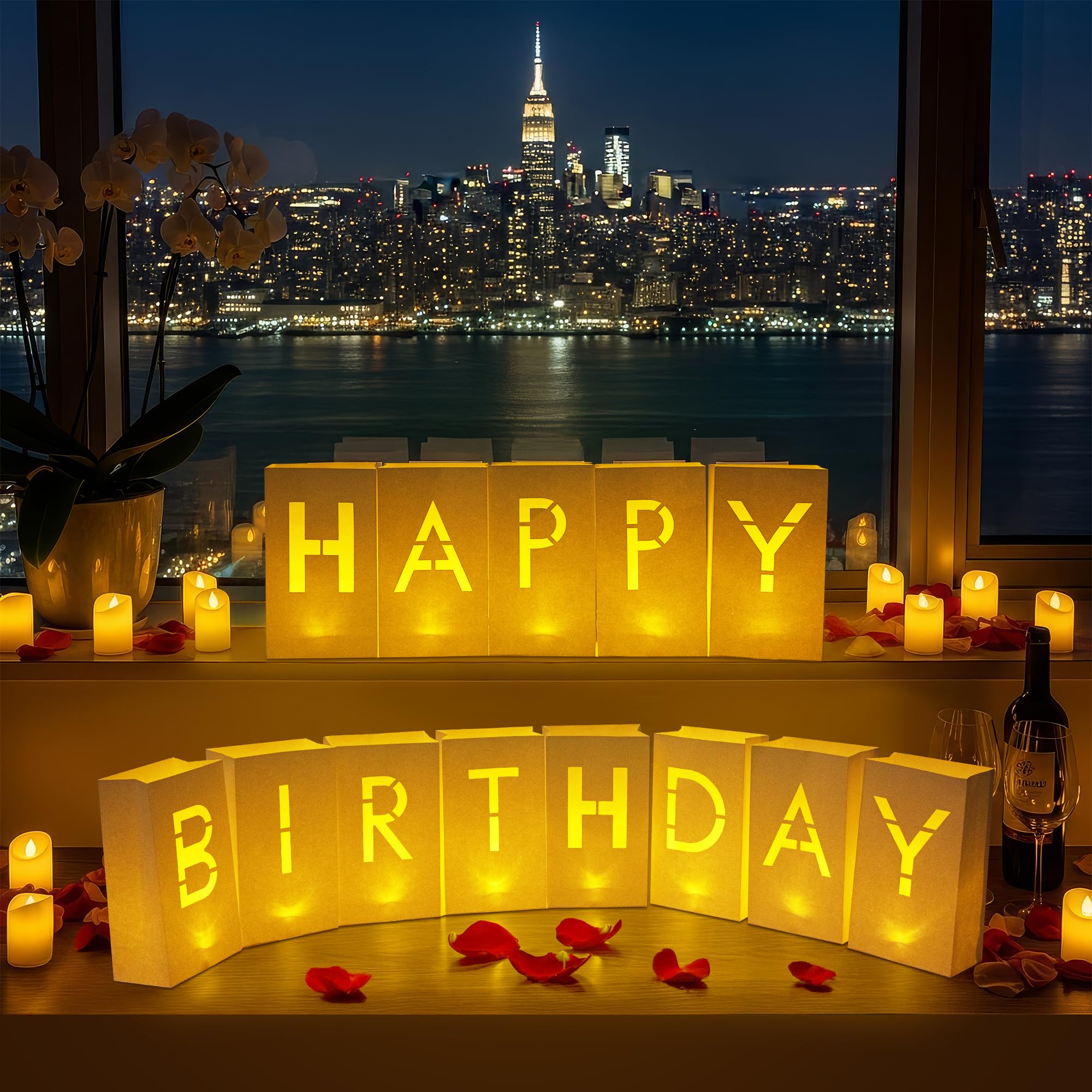 Sacs en papier lumineux Happy Birthday et panneau de lettres lumineuses anniversaire