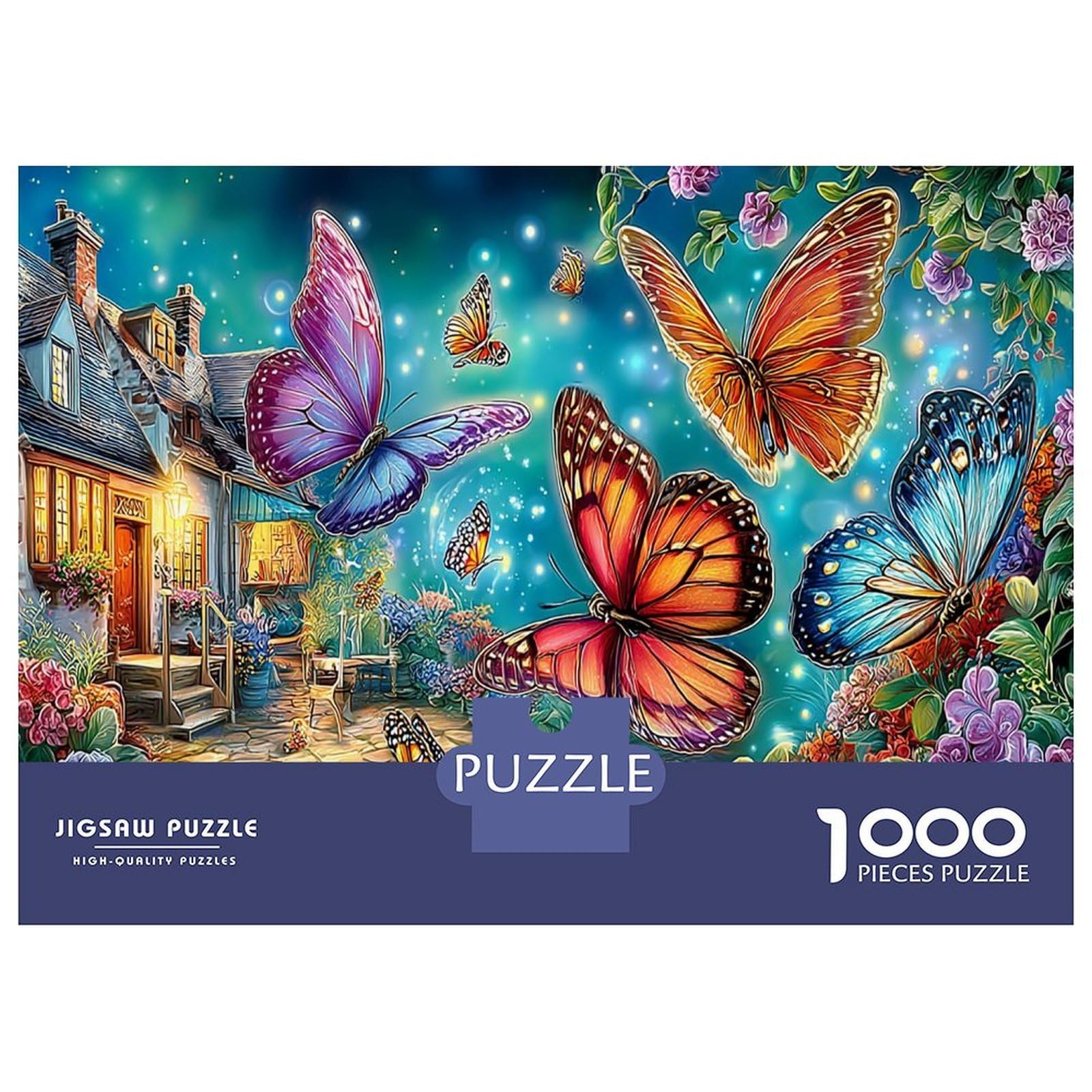 Butterflies in Fantasy Cottage 1000 Piece Classic Jigsaw Puzzle Fantasy Landscape Puzzle for Adults Recycled Cardboard Adult Educational Challenge Fun Present Home Activity Great Gift for Beginners 52