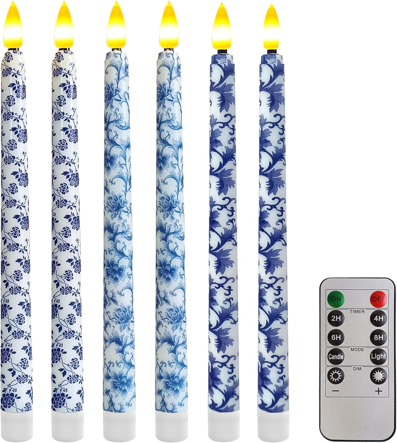 11.2" Chinoiserie Flameless Taper Candles with Remote, 6 Pcs Blue and White LED Taper Candlesticks Battery Operated Chinoiserie Decor for Wedding Party Home Table Centerpiece