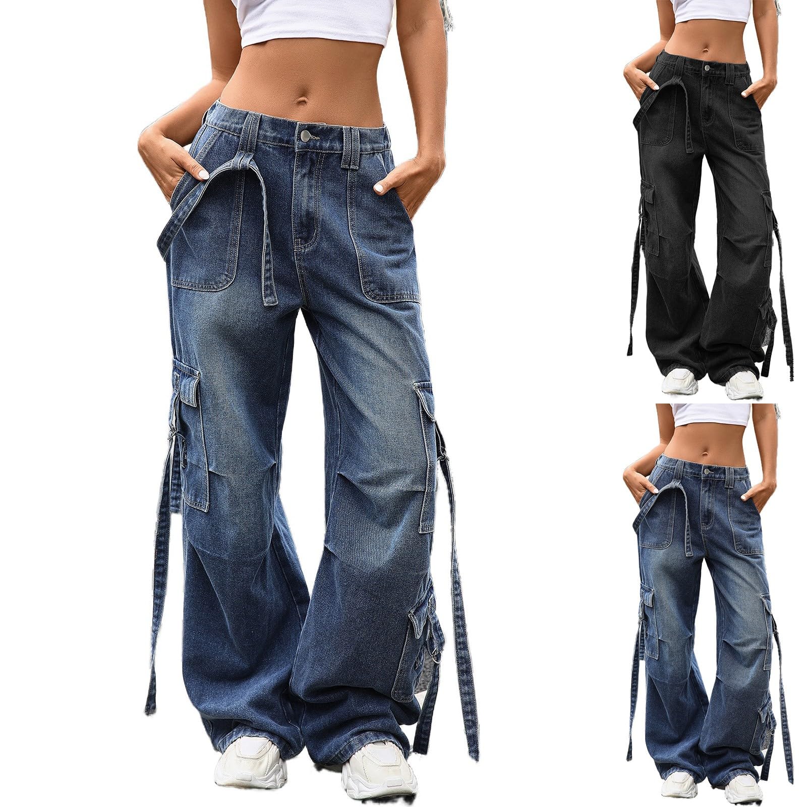Pantaloni cargo da donna Baggy Cargo Jeans a gamba larga Skater Y2K Destroyed Boyfriend Jeans a vita bassa, oversized Loose Fit Hip Hop Streetwear Denim Pantaloni Outwear