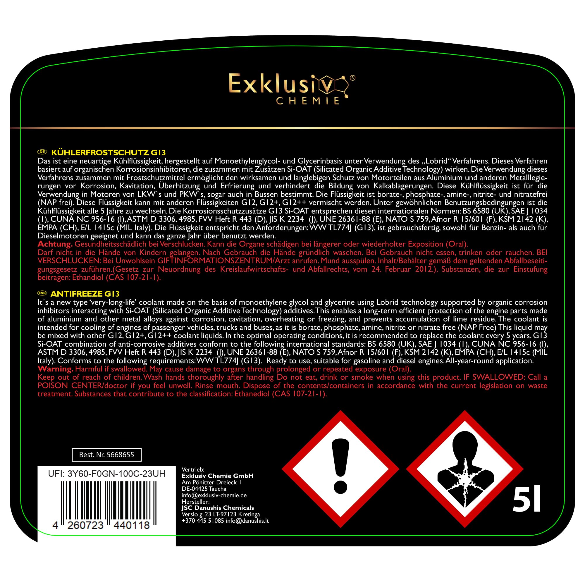 Exklusiv Chemie 5 litres G13 Antigel de radiateur 5 ans | Liquide de refroidissement voiture jusqu'à -40° | G13 Liquide de refroidissement voiture | Prêt à l'emploi