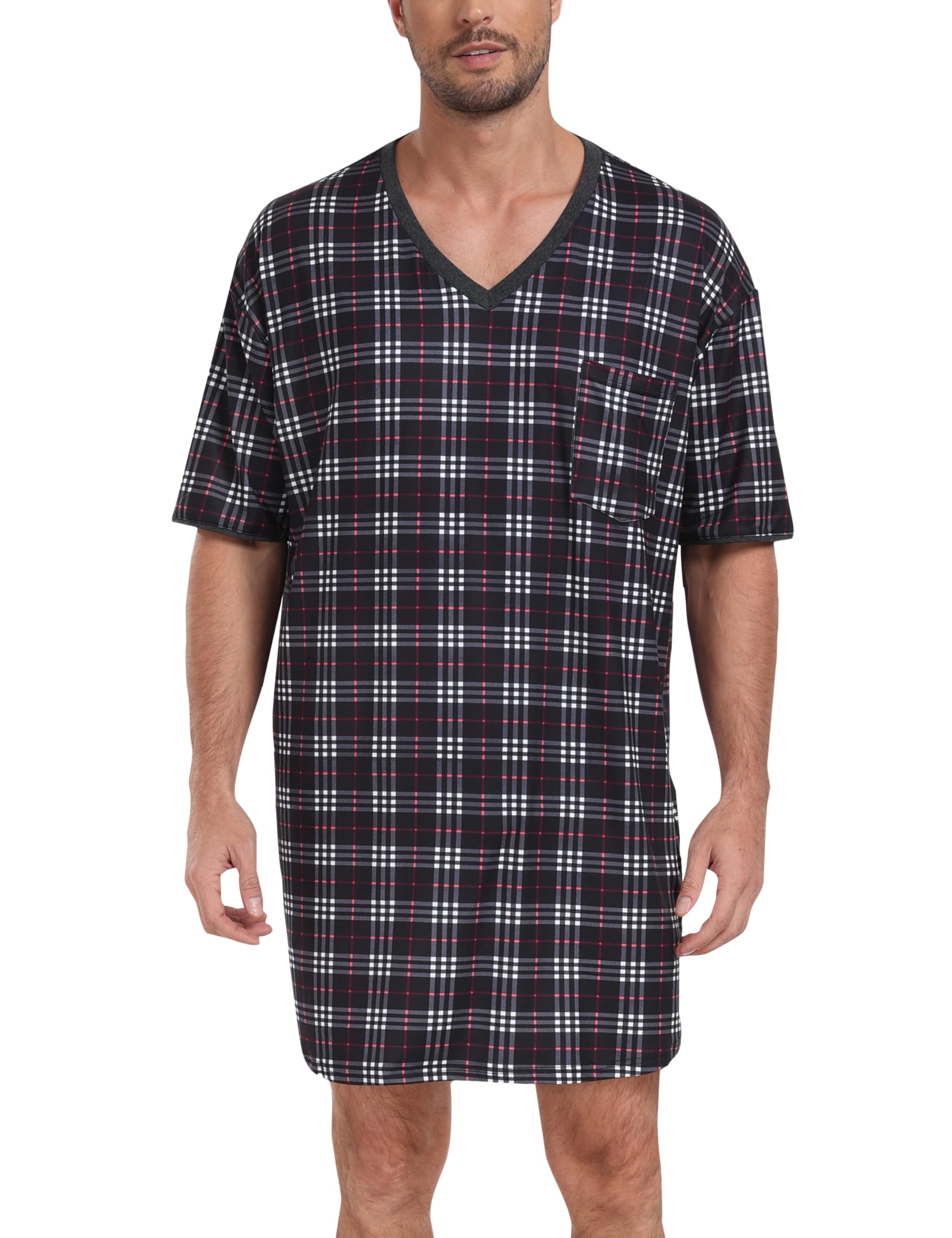 MoFiz Mens Nightgown V-Neck Short Sleeve Big &amp; Tall Soft Loose Pajamas