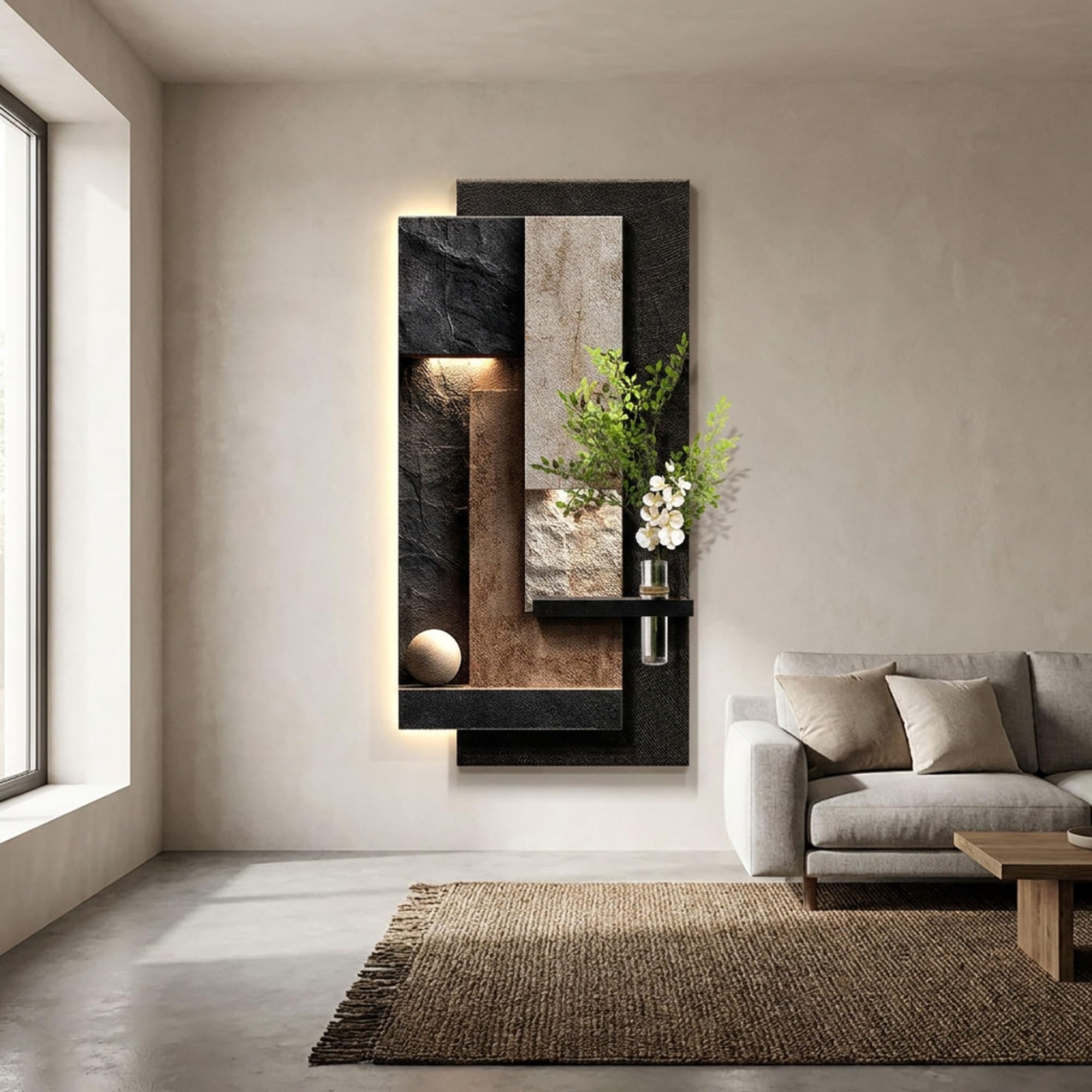 OEPCHEFACX 3D Sandstone-Effect Backlit Wall Art, Plug-In LED Wall Sculpture with Glass Vase, Modern Wall Decor for Entryway Living Room Hallway(C,140 * 70cm/55 * 27.6in)