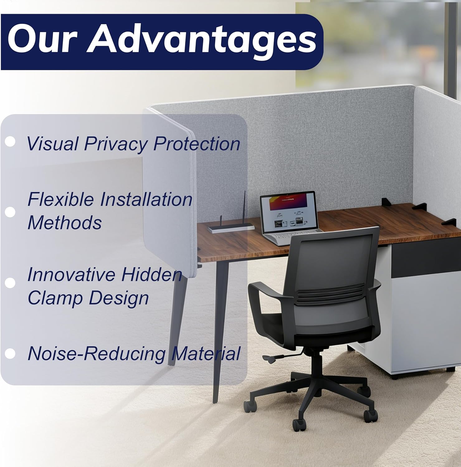 Desk Privacy Panel 24 x 24 Inch, Sound Absorbing & Proof Desk Divider for Office, Clamp-on/Screw-on Acoustic Desk Back Panel Partition, Gray