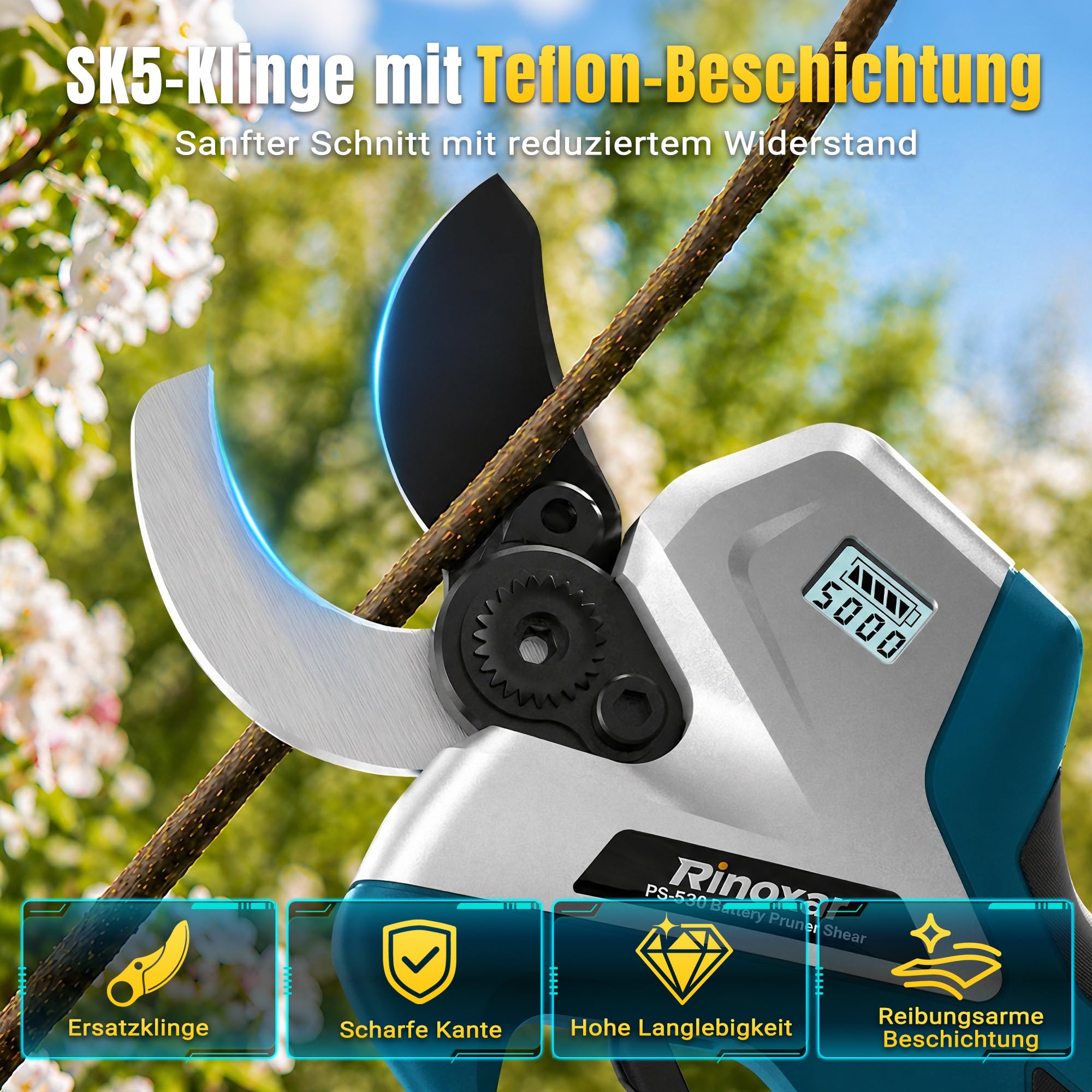 Akku Astschere 50 mm Profi, Elektrische Gartenschere Kabellos mit 2 x 4000 mAh Akku, Bürstenloser Motor, LCD-Display, Astschneider für Garten, Äste und Obstbäume