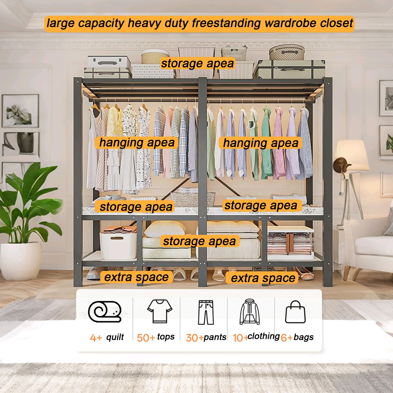 Armario Plegables Portátil, Armarios de Tela con Ruedas y 2 Barras de Colgar, Armario de Tela Almacenamiento Multifuncional de Gran Capacidad, Carga de 907 kg, para Dormitorio (D, gray door, 100cm)