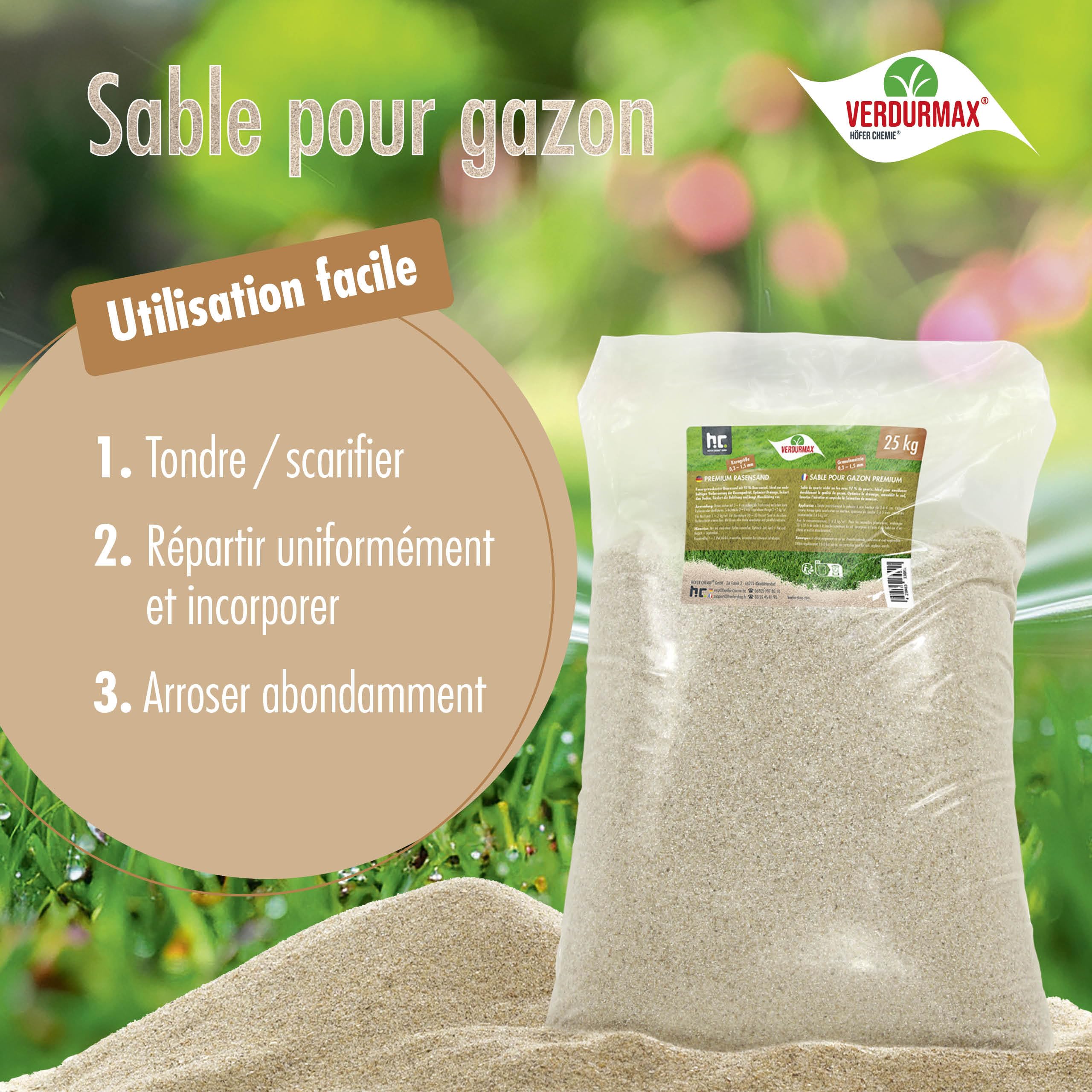 Sable pour Gazon 25 kg 0,3–1,5 mm – Sable de Quartz Séché au Feu Pureté 97% – Drainage, Aération et Top-Dressing Pelouse