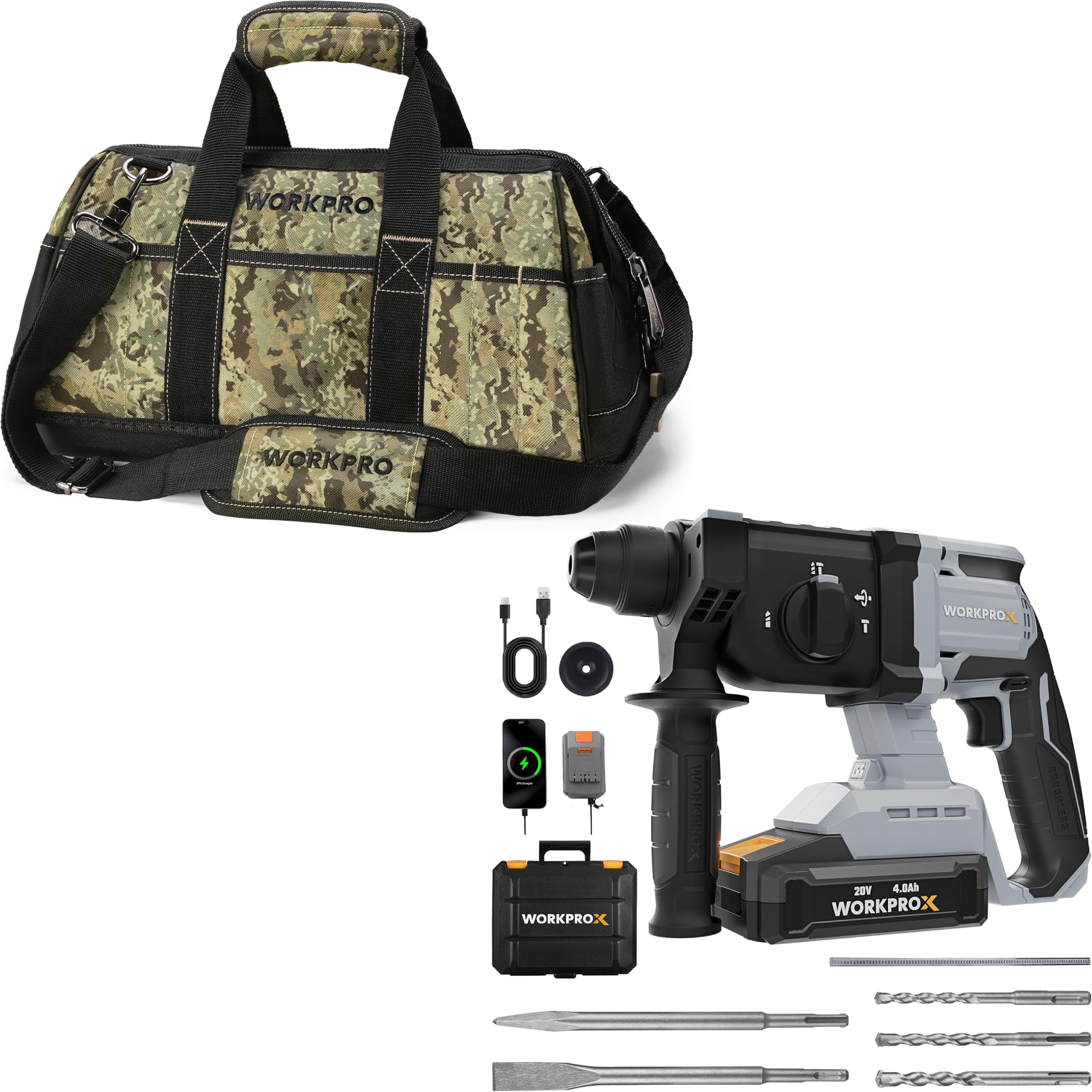 WORKPROX 20V Cordless Rotary Hammer Drill & 16-Inch Wide Mouth Tool Bag
