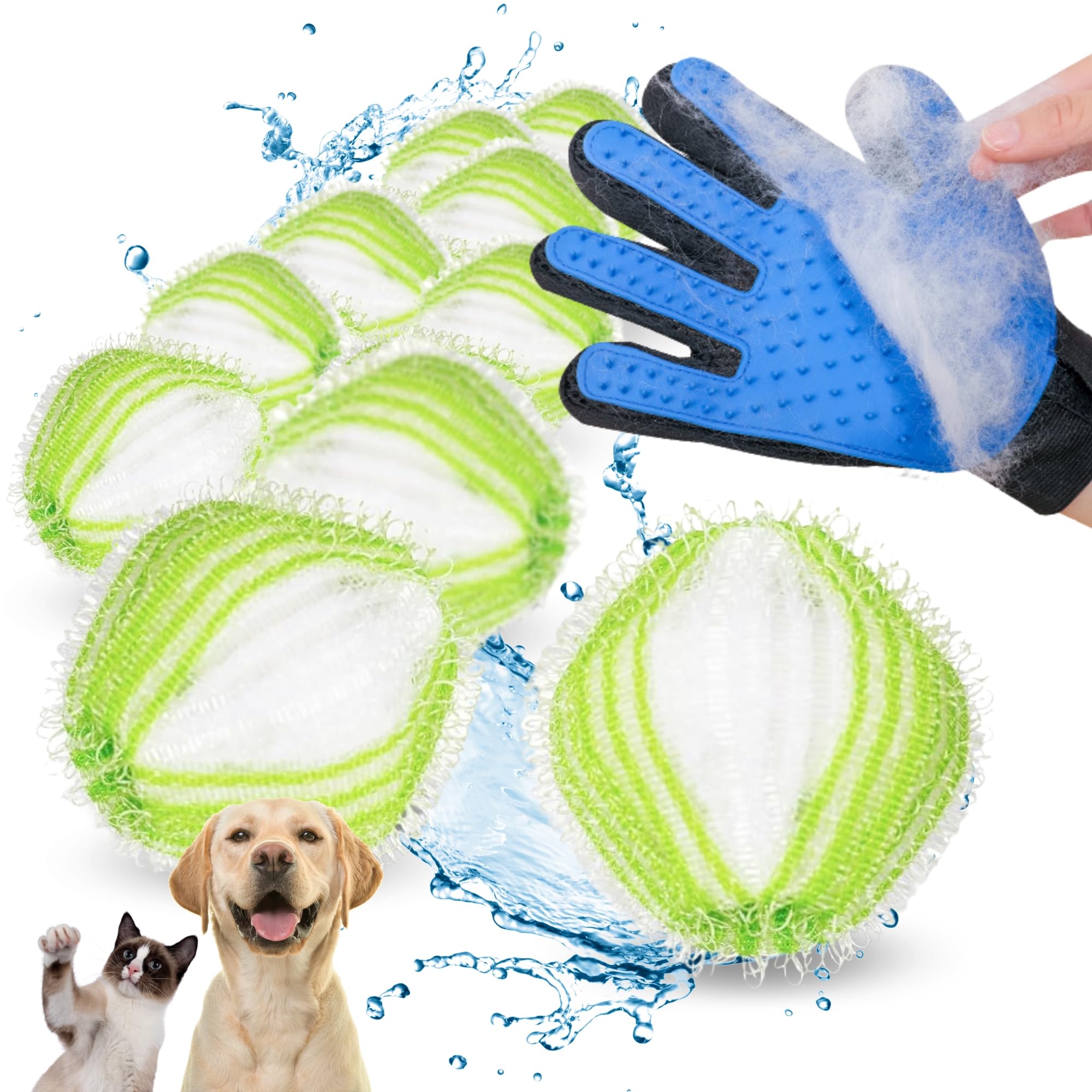 Emagsa 10 Bolas Atrapa Pelos Lavadora + Guante Quita Pelos Mascota. Bolas de Lavado Reutilizables para lavadoras y Guante de Cepillado para Mascotas Ideales para Gatos y Perros de Pelo Largo o Corto.