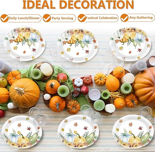 Miniatura 5 de 50 platos de papel ovalados para fiesta de Acción de Gracias, grandes, 11 pulgadas, desechables, hojas de otoño, acuarela, calabazas azules,