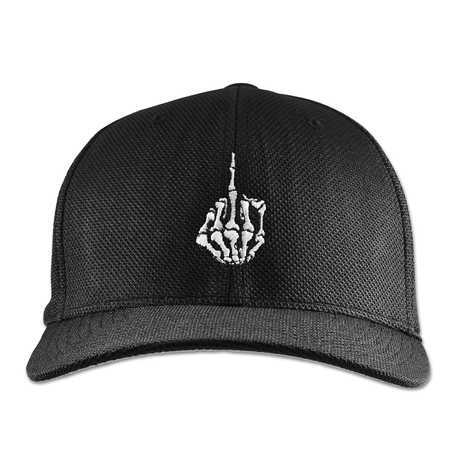 Skeleton Hand with Middle Finger Embroidered Flexfit Adult Cool & Dry Sport Cap Hat - [Black][L/XL]