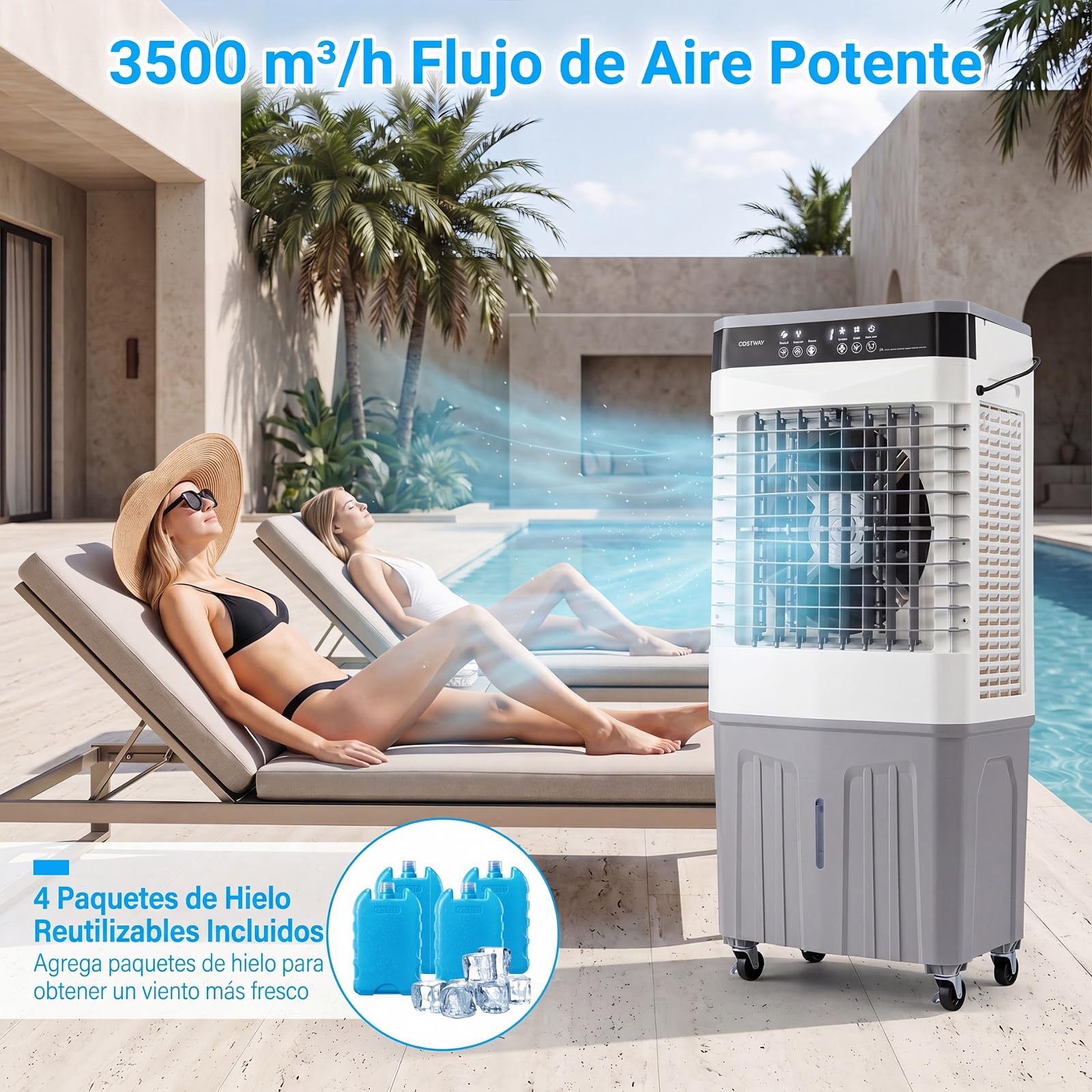 COSTWAY 3 en 1 Climatizador Evaporativo, Enfriador de Aire Portatil con 3 Velocidades, 2 Modos, 12H Temporizador, Ventilador con Ruedas, Oscilación de 70º/90° y Cubetas de Hielo (49 x 31 x 109 cm)